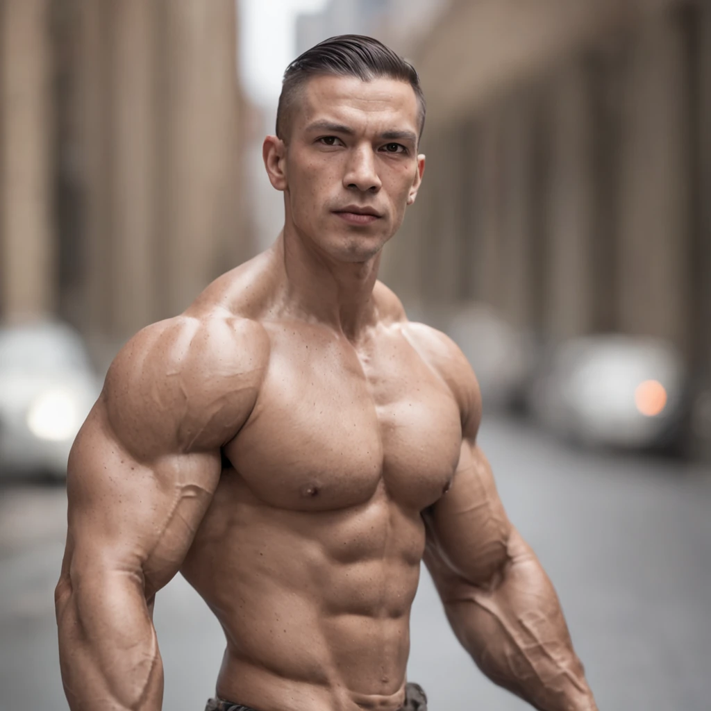 Strong muscular man,Street cold storage,backpacks,epic realistic,photore,faded,complex stuff around,the complex background,soaking wet,com cores neutras,((((hdr)))), ((((muted colors)))),Complex scenes, artstation, Complicated details, vignet