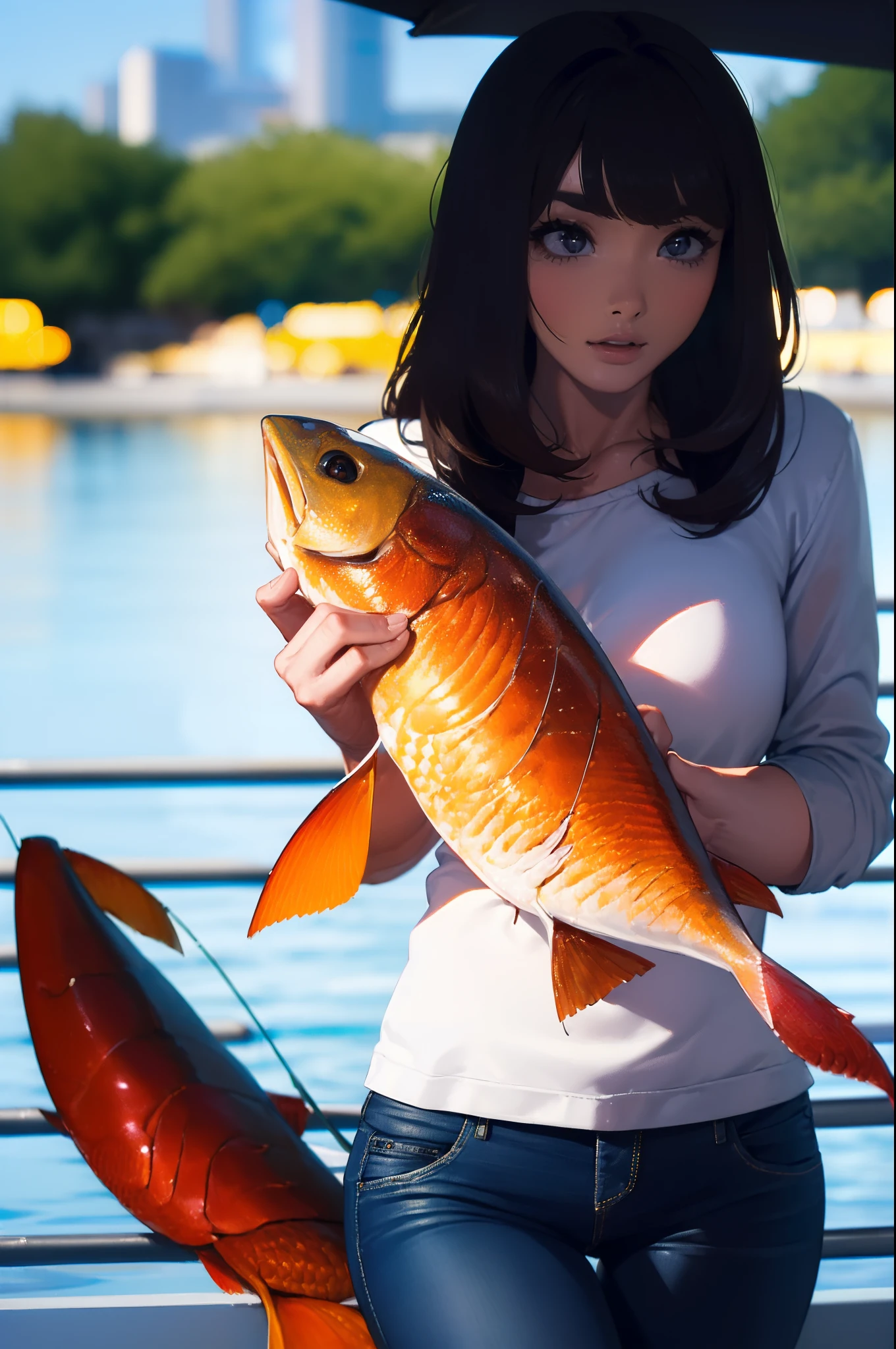 ((((Catching a big fish by the lakeside:1.5)))),((Female 28 years old)),((Best Quality:1.5)),(((Hands with the correct number and structure of fingers:1.4))),((Big fish:1.37)),hight resolution,ultra-detailliert,masterpiece,best qualtiy,Eight-headed body,Black hair, long eyeslashes, Solid Circle Eyes, drop shadow, Atmospheric perspective,Super Detail, ccurate, small brest,(Black jacket and jeans :1.1),top-quality, blurry backround, bokeh dof:1.2, (masterpiece:1.3), Atmospheric perspective,Super Detail,dynamic compositions,top-quality、Very beautiful CG、finely detail、