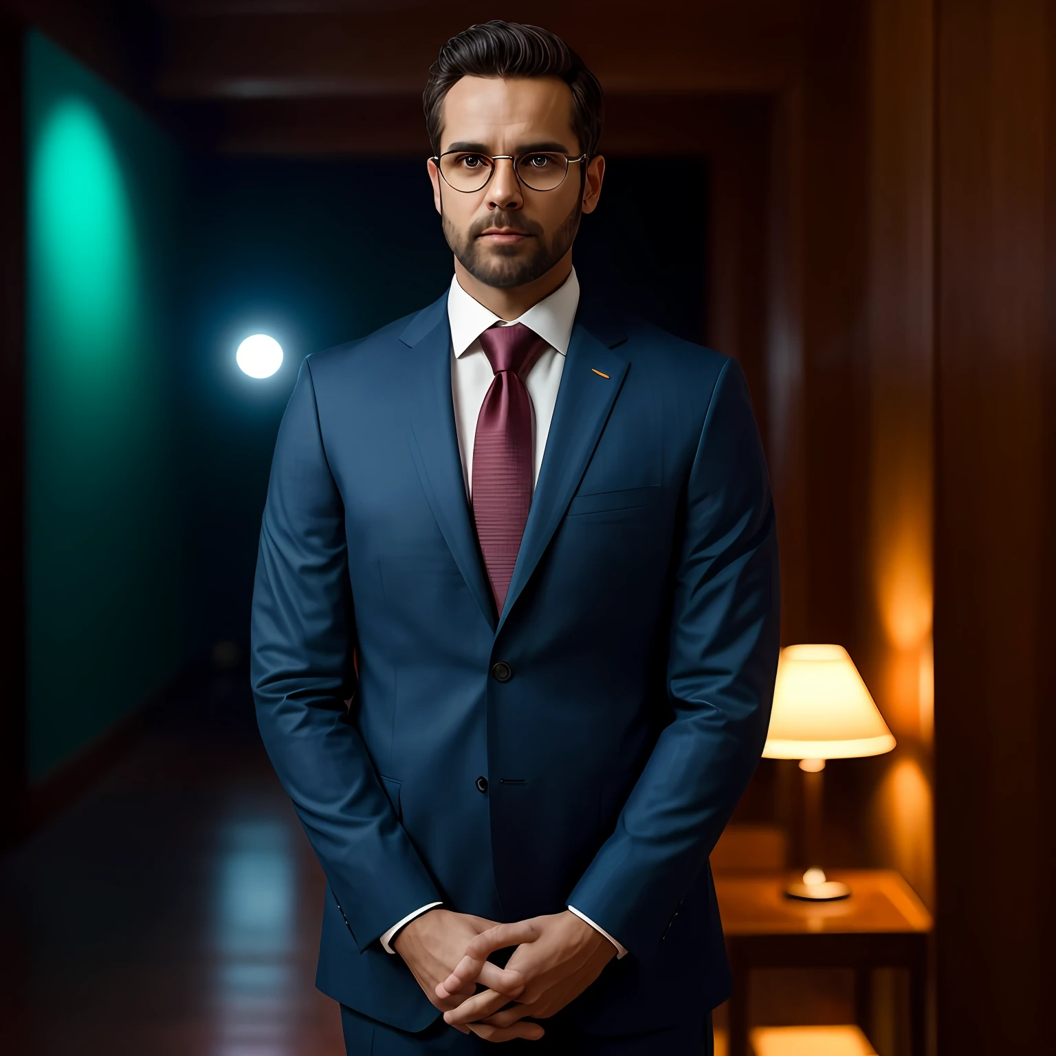 a man standing with 30 years in suit and tie, cuerpo y cabeza rectos en la foto, DSRL, frente al espectador de la foto, ojos fijos a la lente, aparece hombros y cabeza en la foto, con gafas, hombre centrado en la foto, 8k, mejor calidad, obra maestra, realista, foto realista, movie photo, ultra realista, 1 persona, detallado, Perfect daytime lighting,  DSRL, foto profesional, 4k. With a solid background in chromakey color