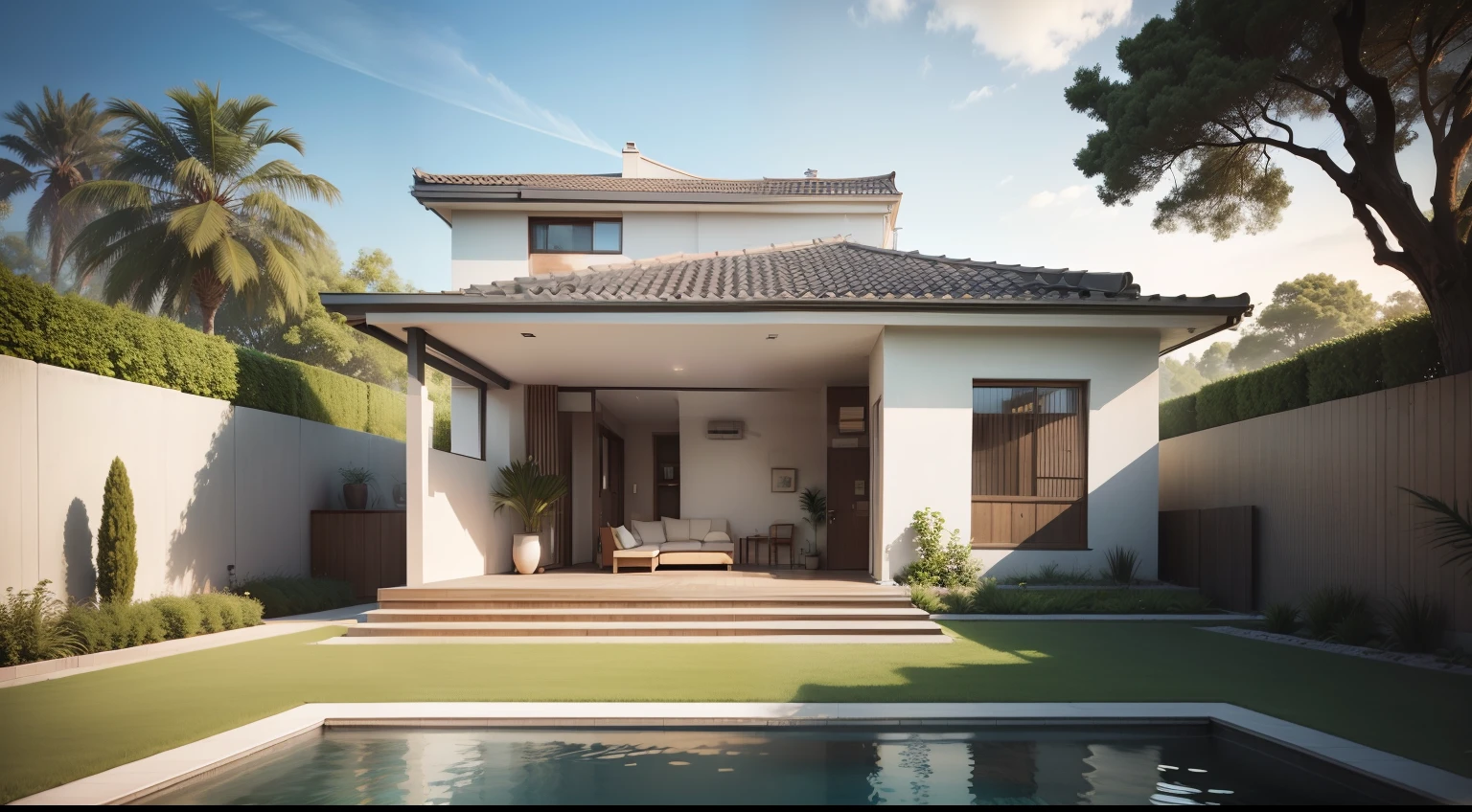 eye level exterior house minimal design in a garden with two floor & have swimming pool on first floor