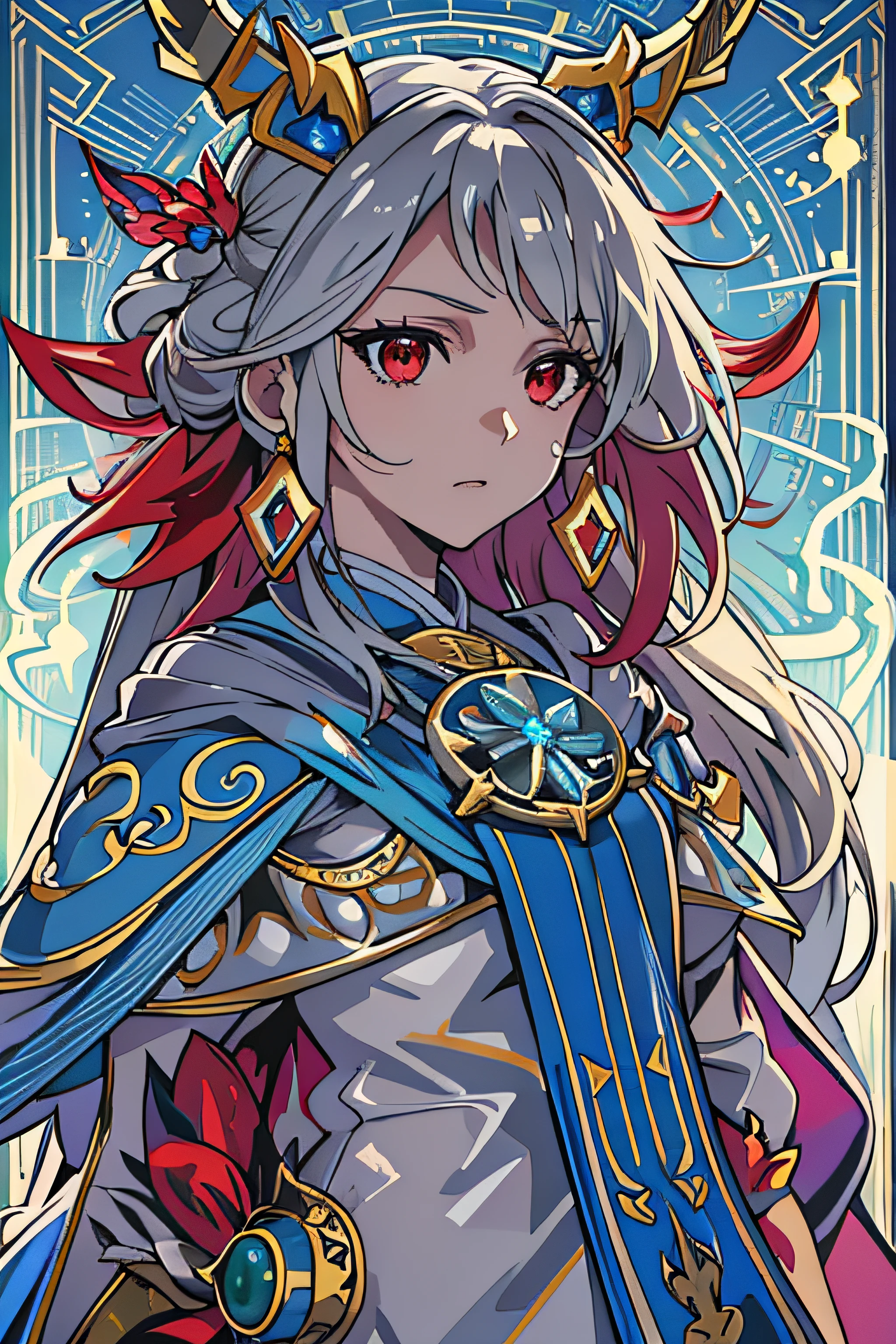 （flatcolors：1.3），（a color：1.3），（tmasterpiece：1.2），best qualtiy，Original，Faraway view，extremelydetailedwallpaper，looking at viewert，Full body shooting of girl injected with lightning，Golden lightning，Demon Warrior，Villain，Hanfu armor，long whitr hair，The whole body is dressed in a blue robe，The is very detailed，The is very detailed，red eyes，eletric，The whole body is dressed in a blue robe，The is very detailed，The is very detailed，red eyes，eletric，Red Moon， a slight light， cinmatic lighting， Mattire， steins， Milky white quartz， opals， jewely， silkouette， feater， Water splashes， mist， eletric、eletric、spark of light、lens flare glow、edge lit、The light from the back window is backlighted、bangle、color difference、RTX、post-proces