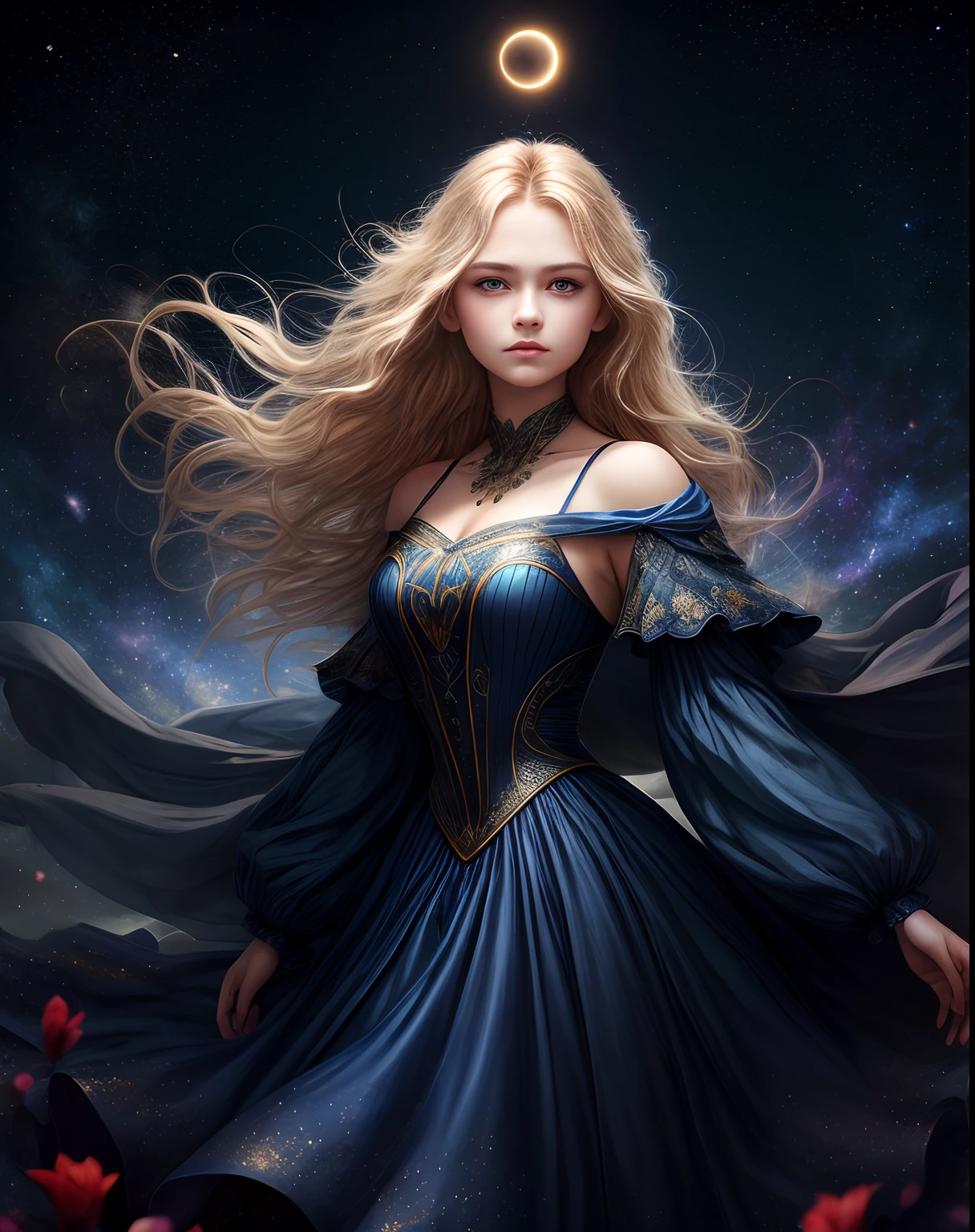 (beste-Qualit, tmasterpiece), (portraite of a, A young woman  ((A meaningful face, The Secret View)) and an owl),  Magic, mysteriously, the pose, particle, the wind, flower, upper-body, Night Eclipse Background, looking a viewer, Long straight blonde hair, detailed blue eyes, Medieval blue princess dress, galaxy, back light, rimlight, A beautiful work of art, Perfect composition