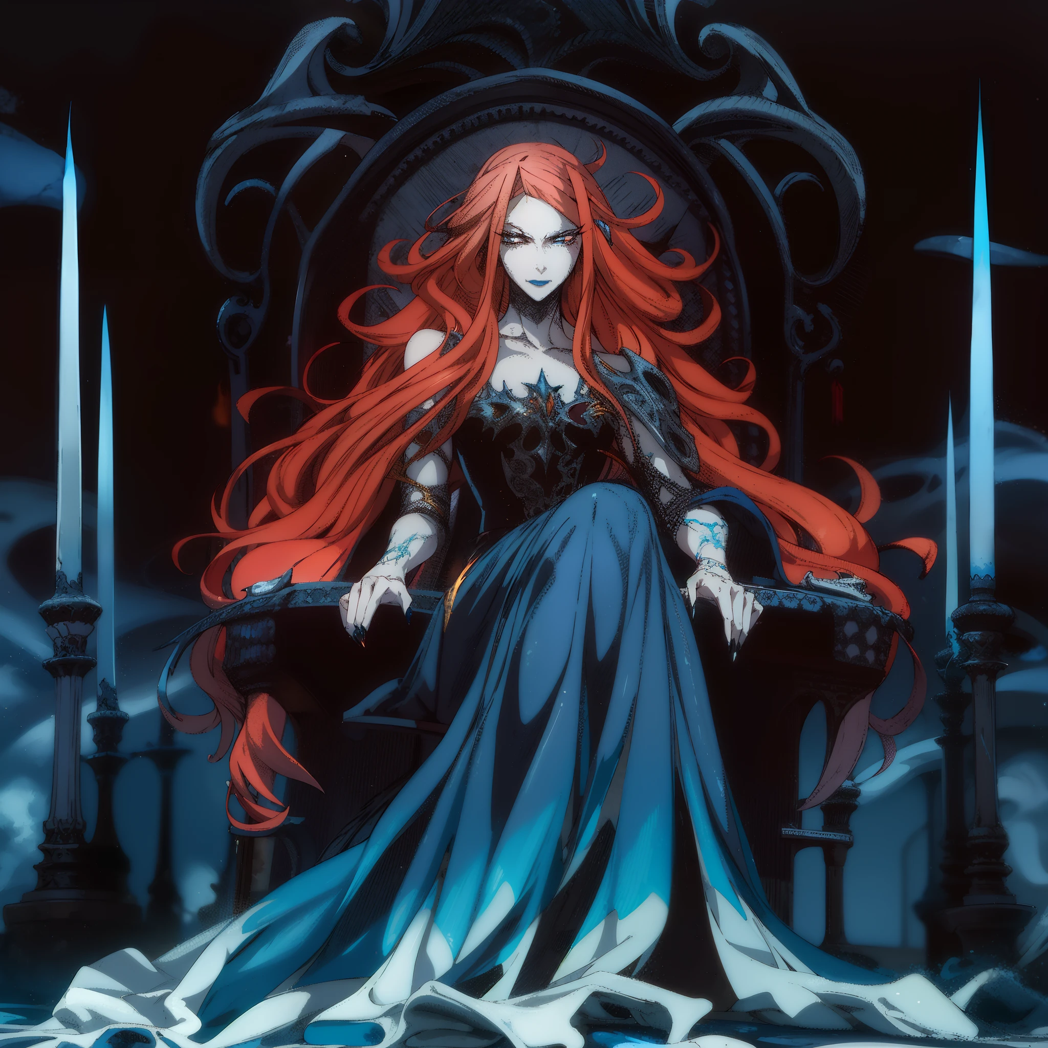 Bouticca Beautiful Norse queen pale skin blue flames around her accentuated on a throne of bones