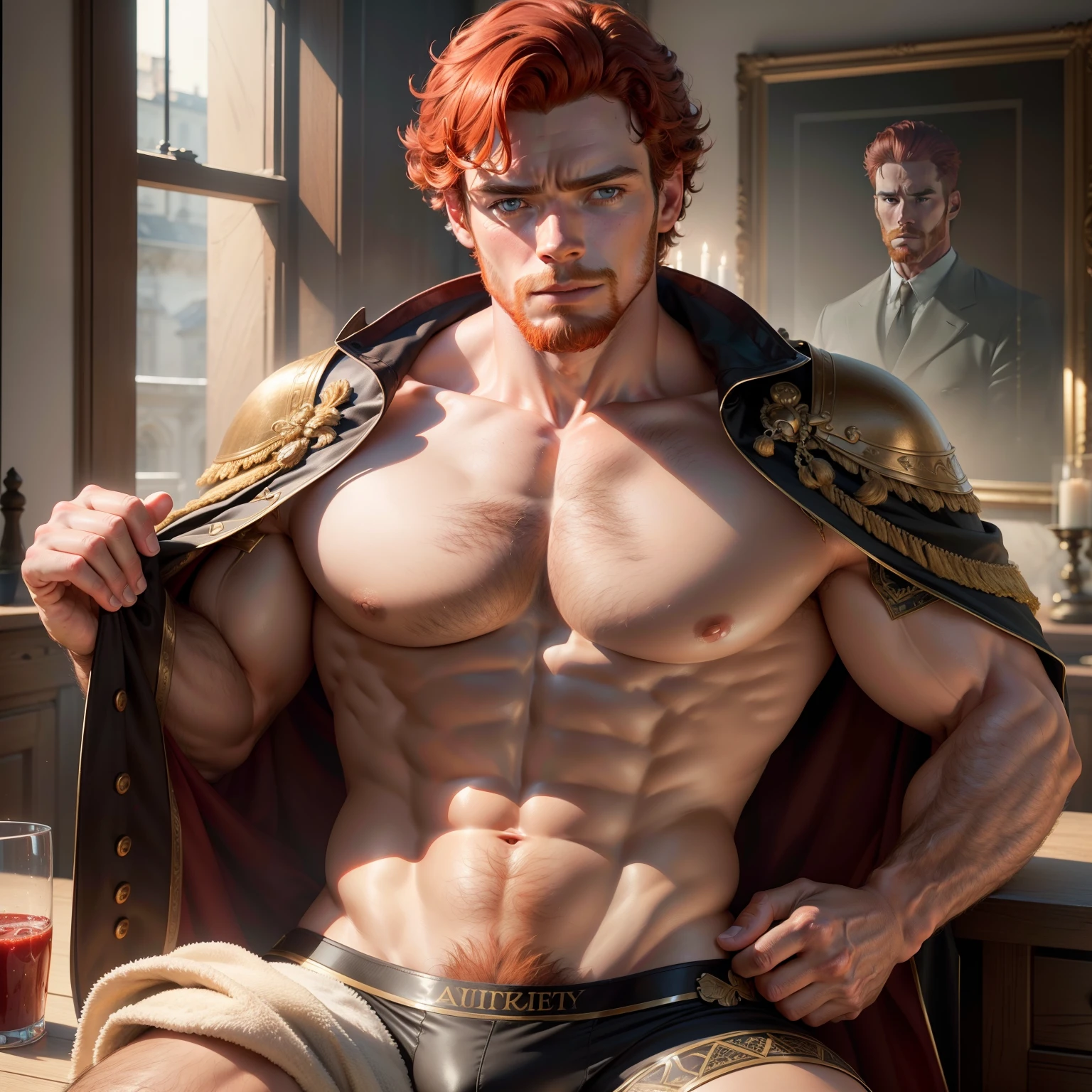 (RAW photo, best quality), (realistic, photo-realistic:1.3), masterpiece, extremely detailed, CG, unity , 8k wallpaper, Amazing, finely detail, extremely detailed CG unity 8k wallpaper, huge filesize, ultra-detailed, highres, absurdres, soft light, tan skin, detailed fingers, extremely detailed eyes and face, beautiful detailed nose, beautiful detailed eyes, light on face, looking at viewer, (1man, Richard madden, realistic face, realistic body, underwear, shirtless, big erect bulge on underwear,beard, red hair, ginger