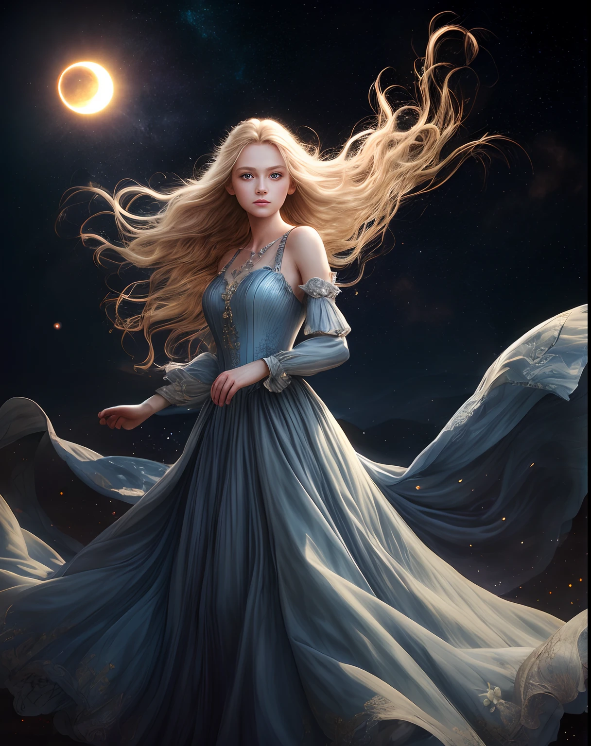 (best quality, masterpiece), young woman, pose, particle, wind, flower, upper body, night eclipse background, looking at viewer, long straight windblown blonde hair, detailded blue eyes, medieval princess blue dress, galaxy, backlit, rimlight, beautiful artwork, perfect composition