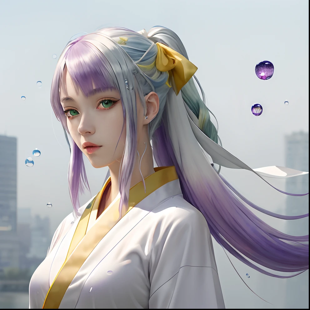 (masuter piece), top-quality, ultra-detailliert, A beautiful piece, Floating feeling, hight resolution, Futuristic background、Dynamic angles, Dynamic poses, 1People Girls, Blue eyes, (Multicolored hair+Silver Hair:1.3+red hairs:1.2+Purple hair+yellow hair:1.3+Green hair:1.3), White kimono, Ribbon around the neck, beautiful countenance, A lot of water droplets, clouds, twilight, Wide shot, watercolor paiting