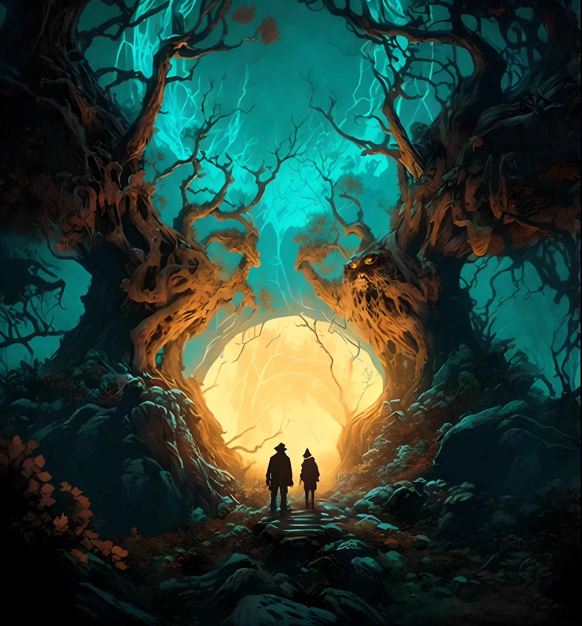 A man and a woman stood in front of a bright, dark forest, dan mumford and peter mohrbacher, el bosco and dan mumford, dan mumford and albert bierstadt, dan mumford tom bagshaw, anton fadeev and dan mumford, beksinski and dan mumford, josan gonzales and dan mumford, peter mohrbacher and dan mumford