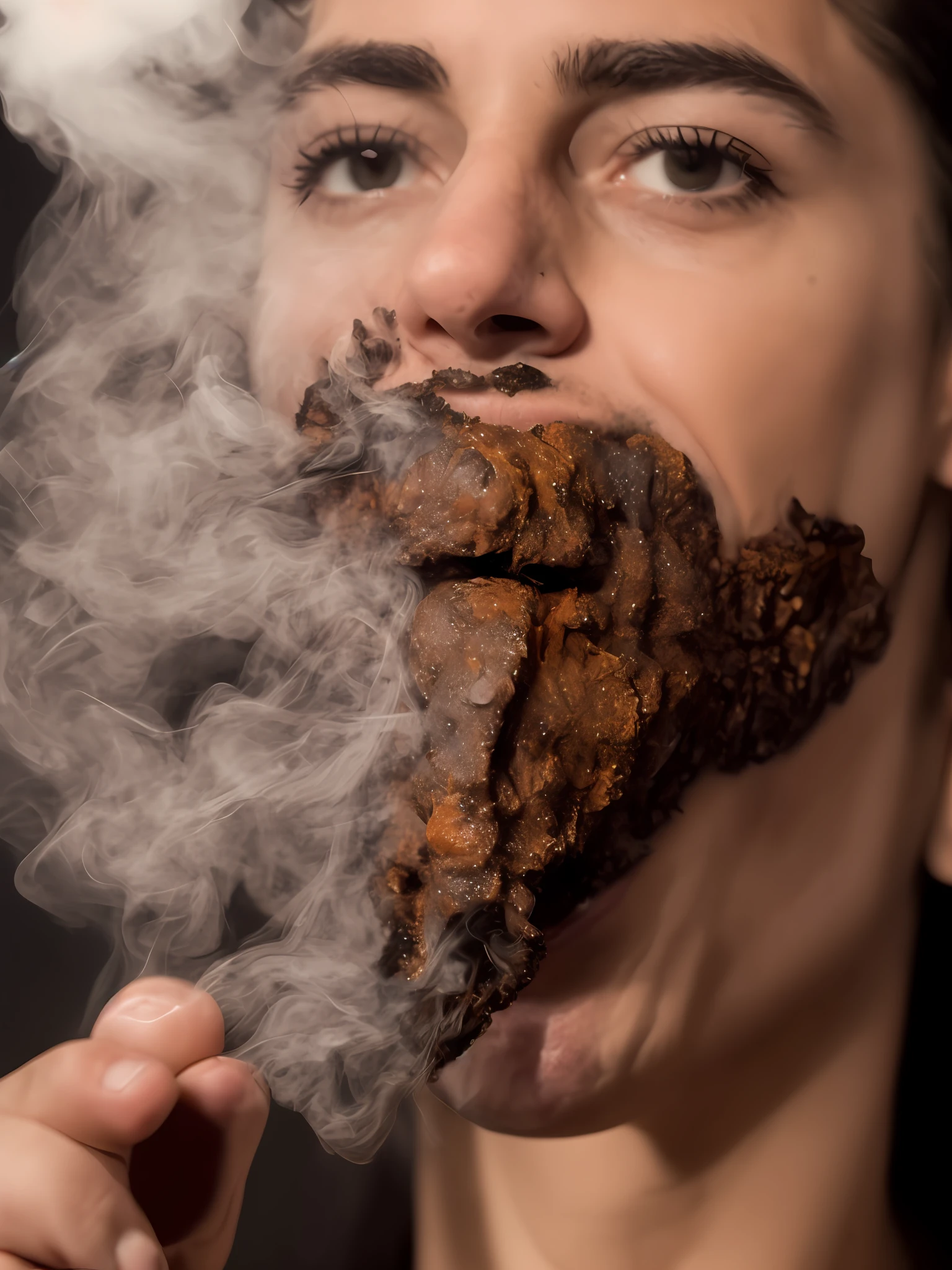 Photo of the Scorpions face with a hookah in the mouth where half the face is smoke