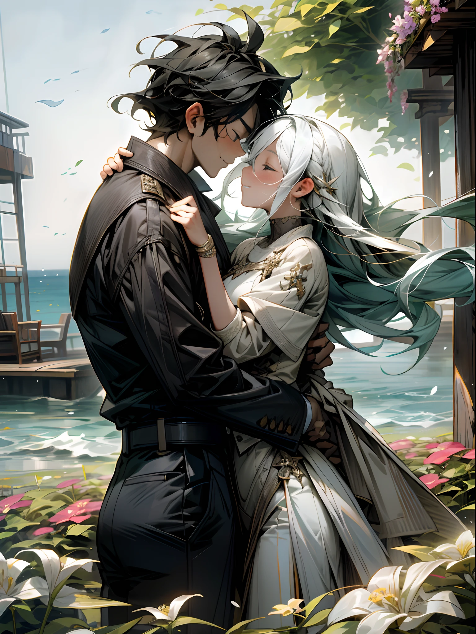 couple，a young man and a woman，They kiss romantically in a sea of flowers，A gentle breeze
