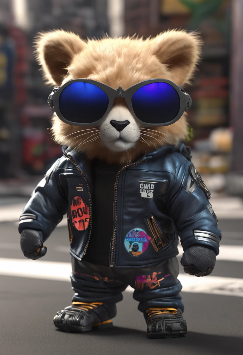 in full growth mini cute cub lion cyberpunk + jacket, nano-sunglasses, nano-devices, cybernetic prosthetic paw, boombox, isometric view, cinematic, hyperrealistic, backlighting, rendered in unreal, 8K