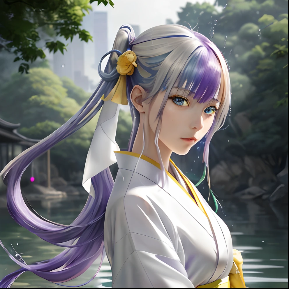 masuter piece), top-quality, ultra-detailliert, A beautiful piece, Floating feeling, hight resolution, Futuristic background、Dynamic angles, Dynamic poses, 1People Girls, Blue eyes, (Multicolored hair+Silver Hair:1.3+red hairs:1.2+Purple hair+yellow hair:1.3+Green hair:1.3), White kimono, Ribbon around the neck, beautiful countenance, A lot of water droplets, clouds, twilight, Wide shot, watercolor paiting
