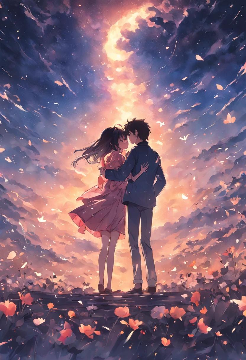 dream colors,tmasterpiece,the detail,starryskybackground,Clouds,Light and shadow effects,film effect,Rich in color,((A couple)),Embrace each other,((((In kissing)))),Petals rained down,Full moon night,Blooming with flowers,blurryforeground,Depth of field effect,A half body
