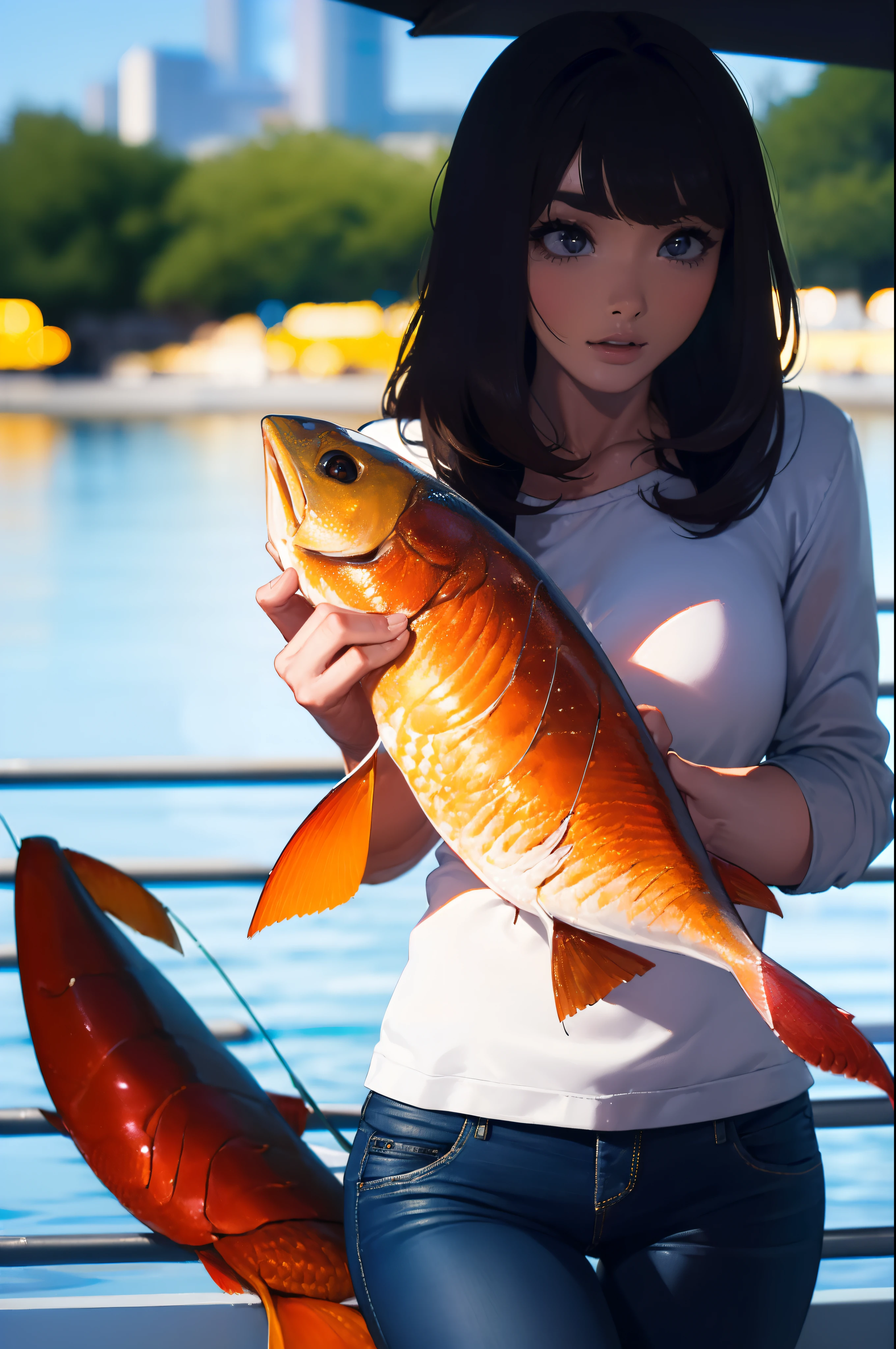 ((((Catching a big fish by the lakeside:1.5)))),((Female 28 years old)),((Best Quality:1.5)),(((Hands with the correct number and structure of fingers:1.4))),((Big fish:1.37)),hight resolution,ultra-detailliert,​masterpiece,best qualtiy,Eight-headed body,Black hair, long eyeslashes, Solid Circle Eyes, drop shadow, Atmospheric perspective,Super Detail, ccurate, small brest,(Black jacket and jeans :1.1),top-quality, blurry backround, bokeh dof:1.2, (​masterpiece:1.3),  Atmospheric perspective,Super Detail,dynamic compositions,top-quality、​Very beautiful CG、finely detail、