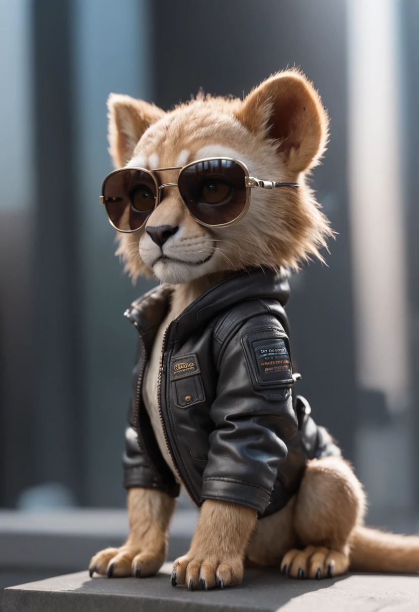 in full growth mini cute cub lion cyberpunk + jacket, nano-sunglasses, nano-devices, cybernetic prosthetic paw, boombox, isometric view, cinematic, hyperrealistic, backlighting, rendered in unreal, 8K