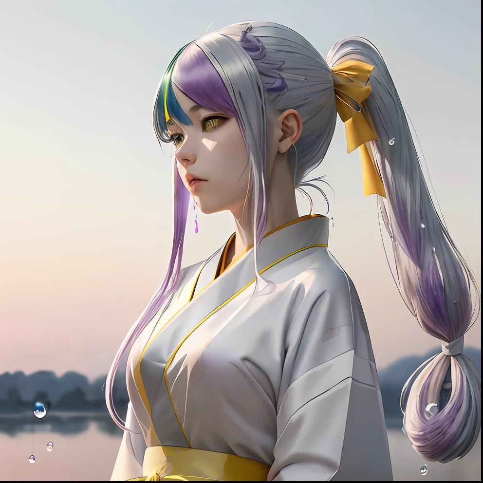masuter piece), top-quality, ultra-detailliert, A beautiful piece, Floating feeling, hight resolution, Futuristic background、Dynamic angles, Dynamic poses, 1People Girls, Blue eyes, (Multicolored hair+Silver Hair:1.3+red hairs:1.2+Purple hair+yellow hair:1.3+Green hair:1.3), White kimono, Ribbon around the neck, beautiful countenance, A lot of water droplets, clouds, twilight, Wide shot, watercolor paiting
