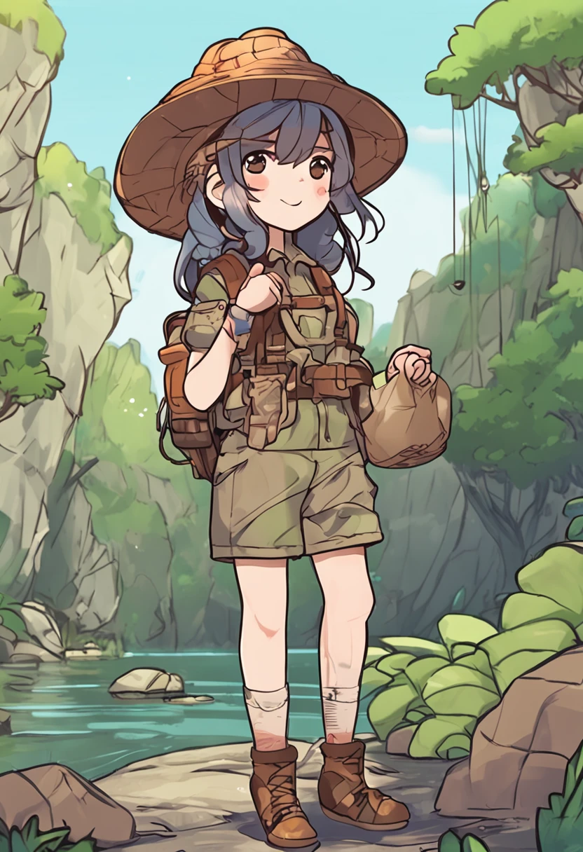 Cartoon girl in hat and fishing net, insect trainer girl, wearing a fisher 🧥, Female protagonist 👀 :8, chihiro! fujisaki, Female explorer mini cute girl, Fanart, official fanart, High-quality fanart, touhou character, Abigail from Stardew Valley, full body portrait of a short!, style in ghibli anime style, resin,Sticker kawaii, Drawing is simple, white backgrounid, Sticker drawing for children from 3 to 6 years old,The elements are separated,There is a blank space in the middle