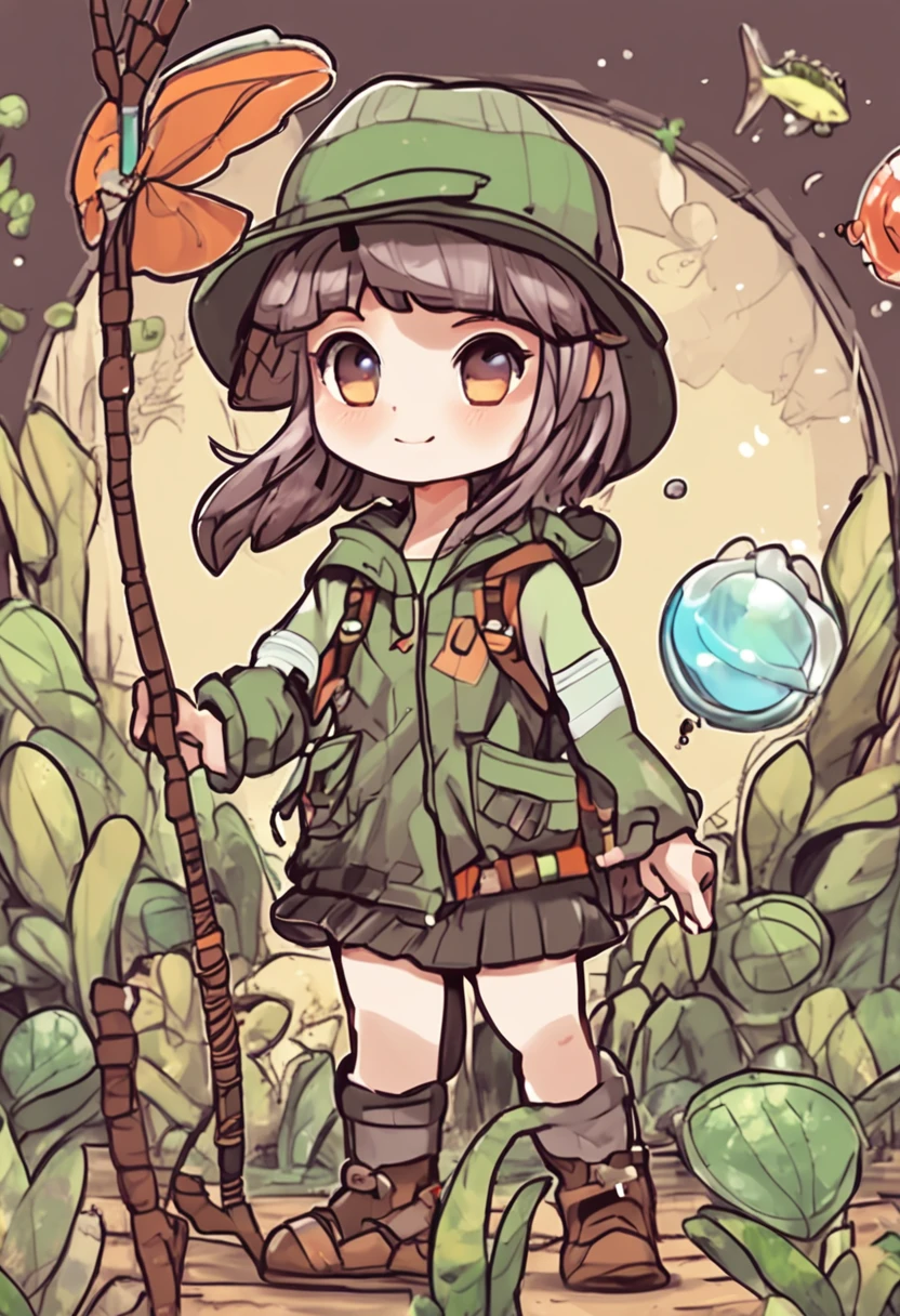Cartoon girl in hat and fishing net, insect trainer girl, wearing a fisher 🧥, Female protagonist 👀 :8, chihiro! fujisaki, Female explorer mini cute girl, Fanart, official fanart, High-quality fanart, touhou character, Abigail from Stardew Valley, full body portrait of a short!, style in ghibli anime style, resin,Sticker kawaii, Drawing is simple, white backgrounid, Sticker drawing for children from 3 to 6 years old,The elements are separated,There is a blank space in the middle