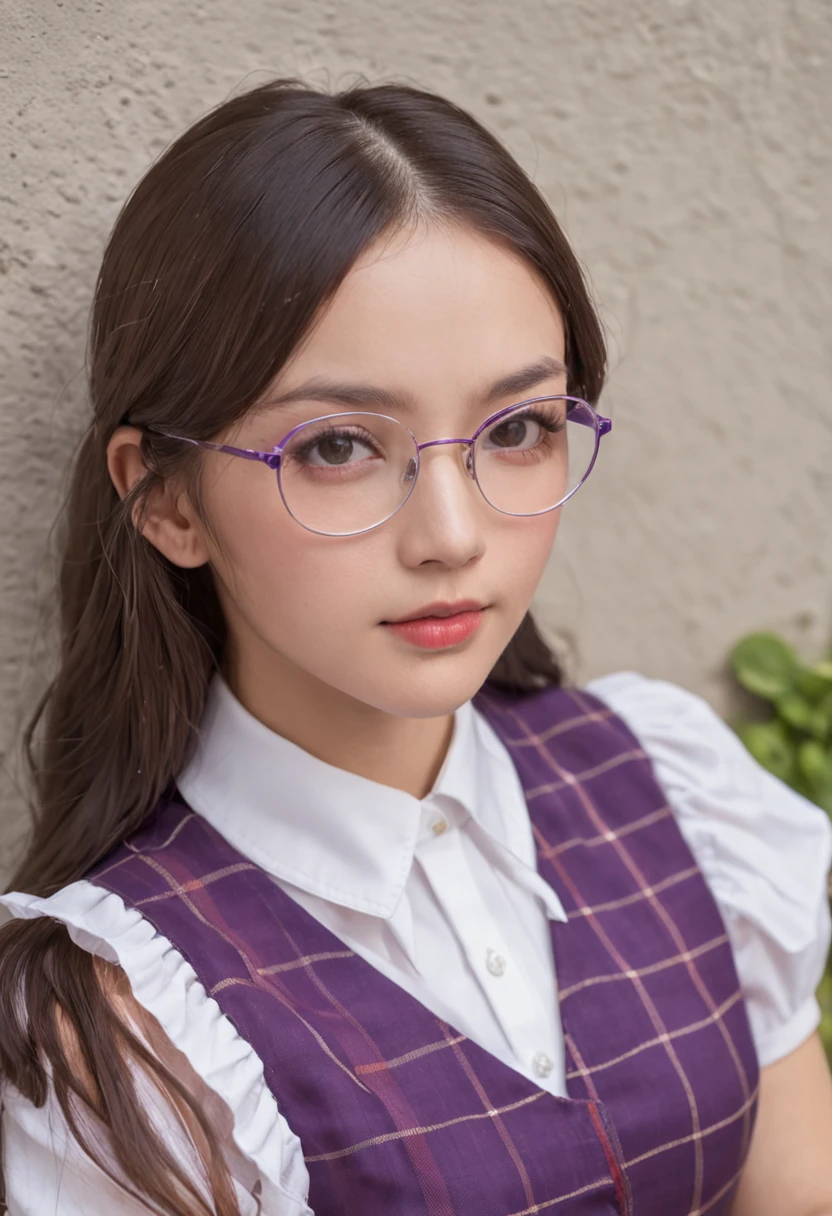 Wearing glasses,Purple checkered pleated skirt,White color blouse,Japan high school uniform