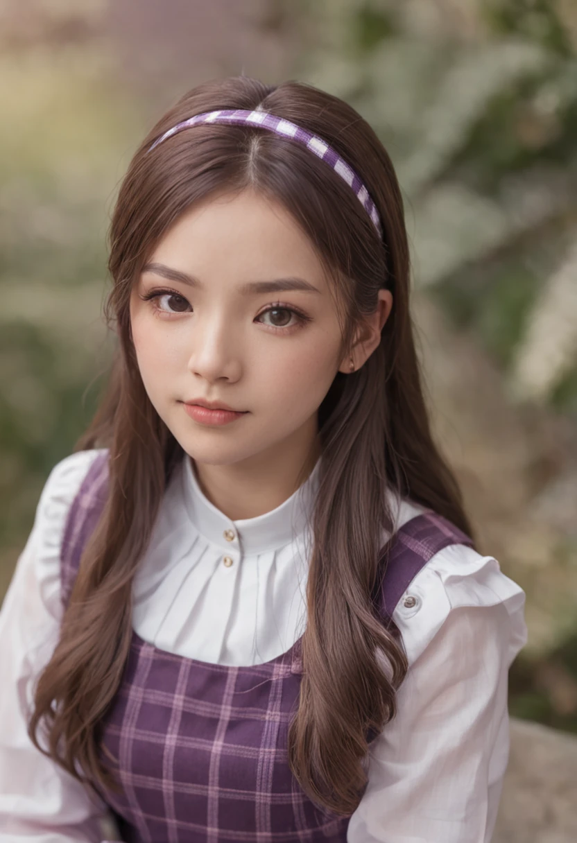 Wearing glasses,Purple checkered pleated skirt,White color blouse,Japan high school uniform