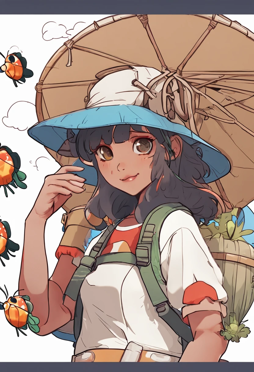 Cartoon girl in hat and fishing net, concept art inspired by theCHAMBA, Pisif, mingei, insect trainer girl, wearing a fisher 🧥, Female protagonist 👀 :8, chihiro! fujisaki, Female explorer mini cute girl, Fanart, official fanart, High-quality fanart, touhou character, Abigail from Stardew Valley,Sticker kawaii, Drawing is simple, white backgrounid, Sticker drawing for children from 3 to 6 years old,The elements are separated,There is a blank space in the middle