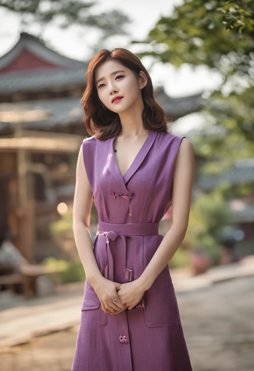 Arad woman posing for photo in purple apron, jiyun chae, cute korean actress, jaeyeon nam, Lee Ji-eun, lee ji eun, female actress from korea, hwang se - on, shin min jeong, Kwak Ji-young, Kim Hyun-joo, jung gi kim, Korean woman, park jimin,((Best picture quality, 8K)),((1个Giant Breast Girl)),Slender abs,Legs are very thin and long,The butt is upturned,((The background is a sorghum field)),