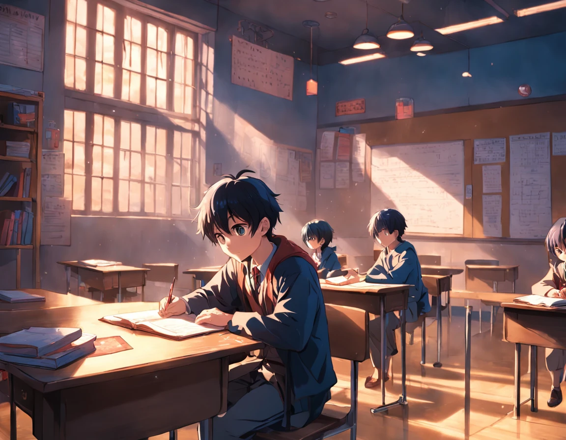 schoolboy,Classroom,Write homework,Bright lights,schoolmate