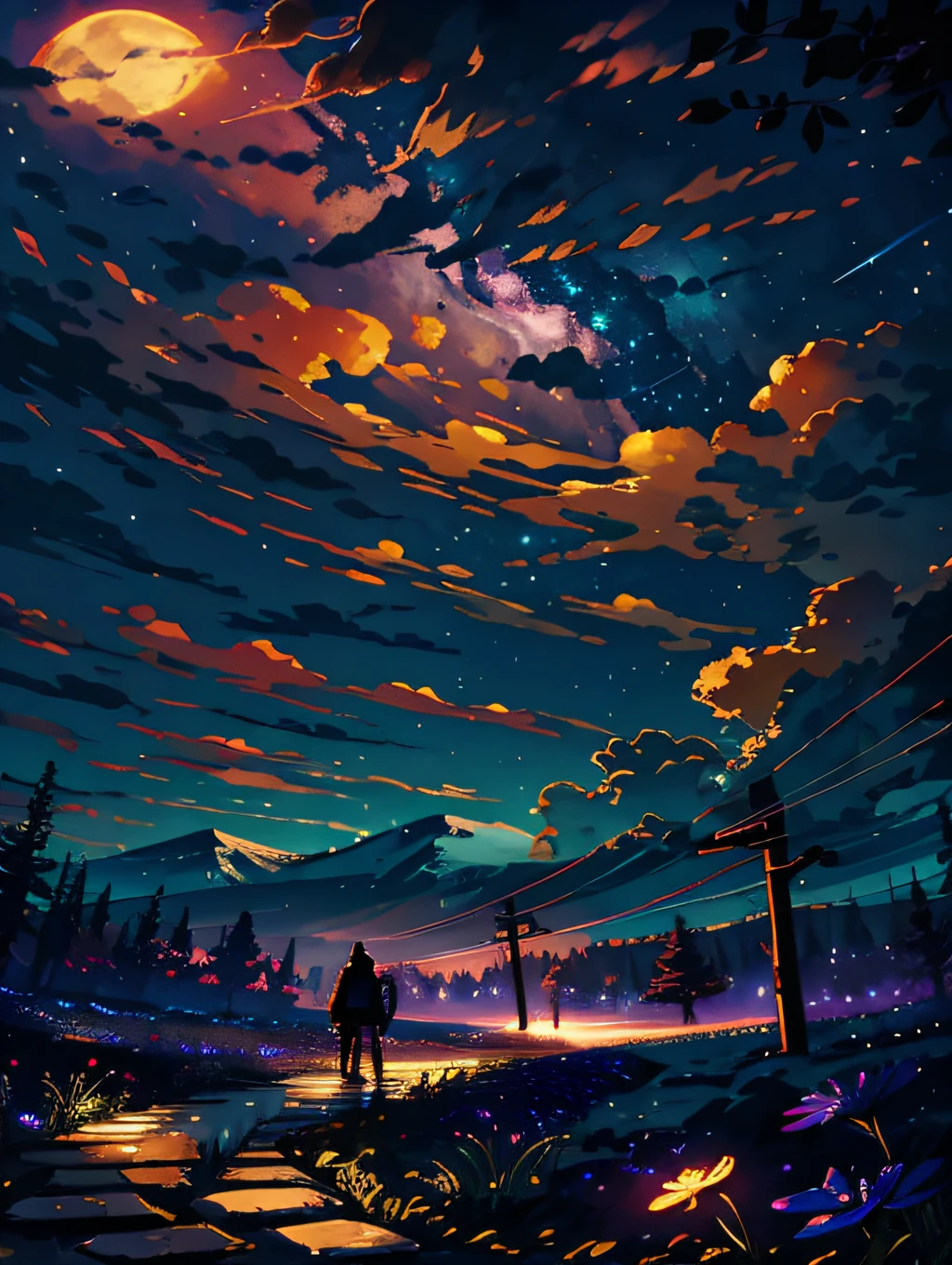A wide landscape photo, (viewed from below, the sky is above, and the open field is below), a girl standing on a flower field looking up, (full moon: 1.2), (meteor: 0.9), (nebula: 1.3), distant mountains , Trees BREAK Crafting Art, (Warm Light: 1.2), (Firefly: 1.2), Lights, Lots of Purple and Orange, Intricate Details, Volumetric Lighting BREAK (Masterpiece: 1.2), (Best Quality), 4k, Ultra Detailed, (Dynamic Composition: 1.4), Rich in Detail and Color, (Rainbow Color: 1.2), (Glow, Atmospheric Lighting), Dreamy, Magical, (Solo: 1.2)