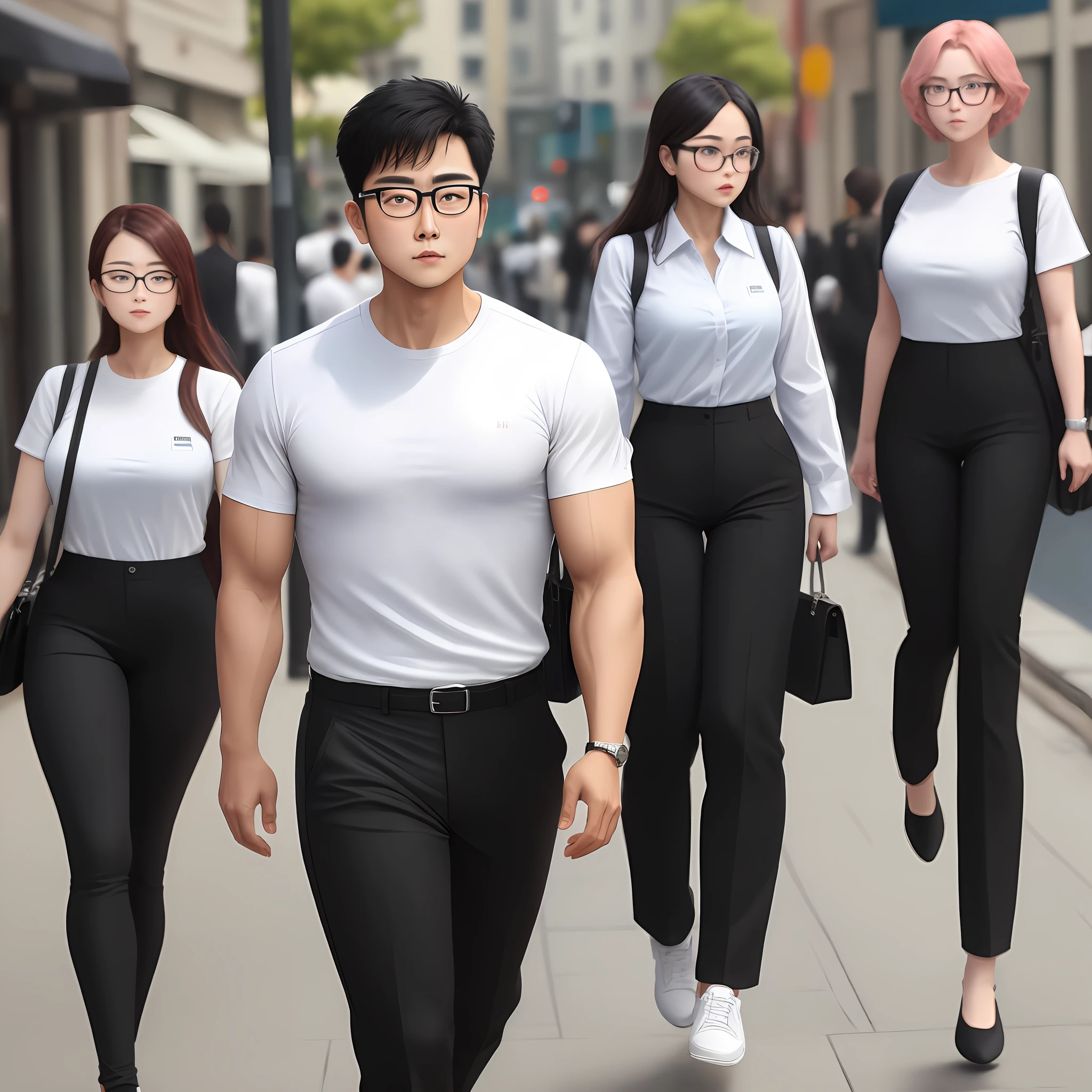 White shirt，Black pants，black-frame glasses，No muscles，double chin