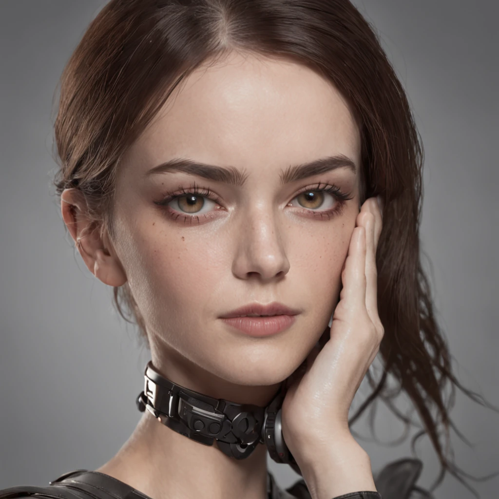 Emma plays a woman with a robot，Futuristic cyberpunk style，Realisticstyle，digital painting style，Shape parts，deformed face。