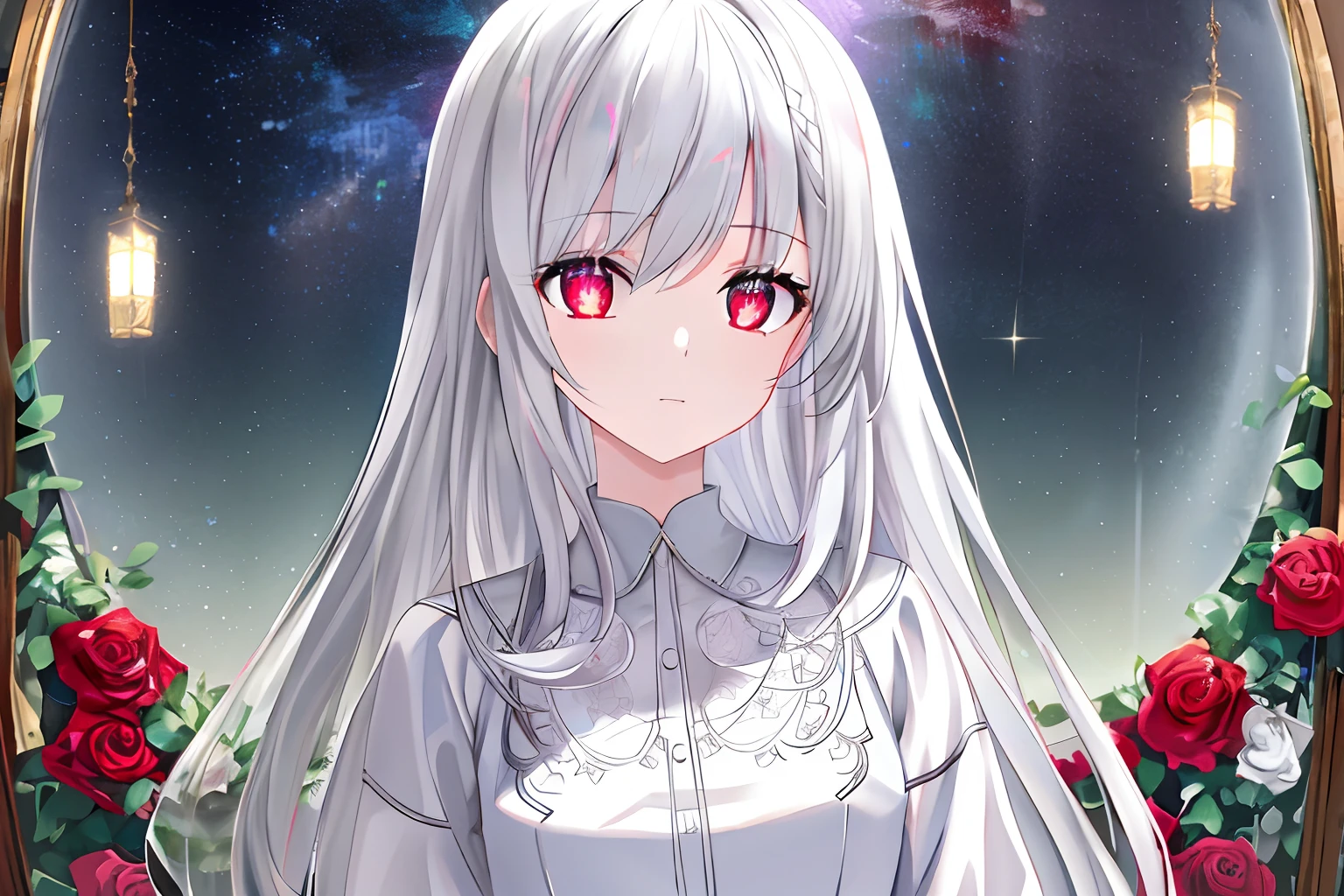 ((Masterpiece, Best quality))++, Detailed light+, Detail hair+, detail hand+ ,1girll, woman, Long hair, dark red eye, Beautiful eyes, Young gray hair,,(Beautiful white hair:1.5),(Beautiful detailed eyes), high resolution+, Rose, White skirt, Glass tones, Reflective eyes, ((Halo)), {{Angle}} , extremelydetailedwallpaper, Original,