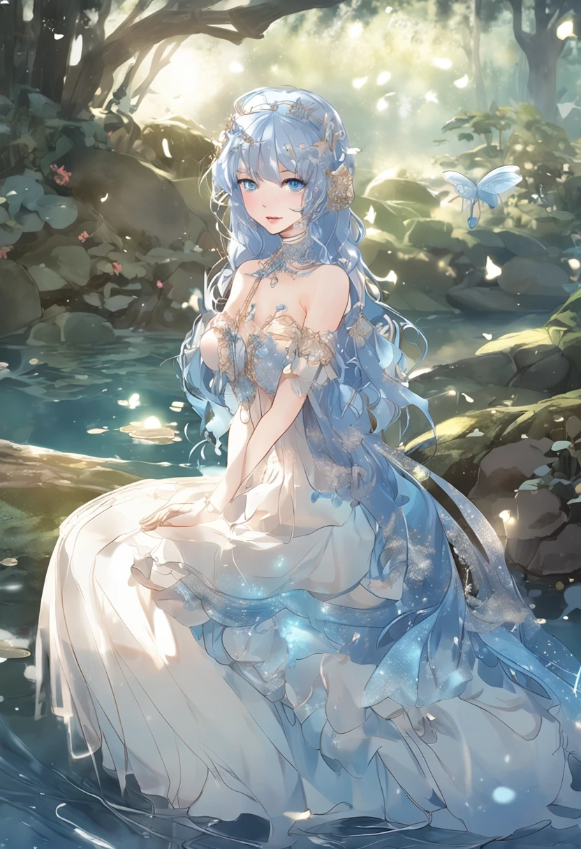 (Best quality:1.1), (Masterpiece:1.4), dutch angle, 1fille, full body, (Water Fairy), cheveux bleu clair, ((petit corps)), Yeux bleu azur, embarrassed smile, ((toute petite poitrine)), (gracieuse), Sunny white transparent dress, Golden lyre, cordes rougeoyantes, Jouer de la musique, Fantastic forest in the background, The fairy walks in the lake at night,