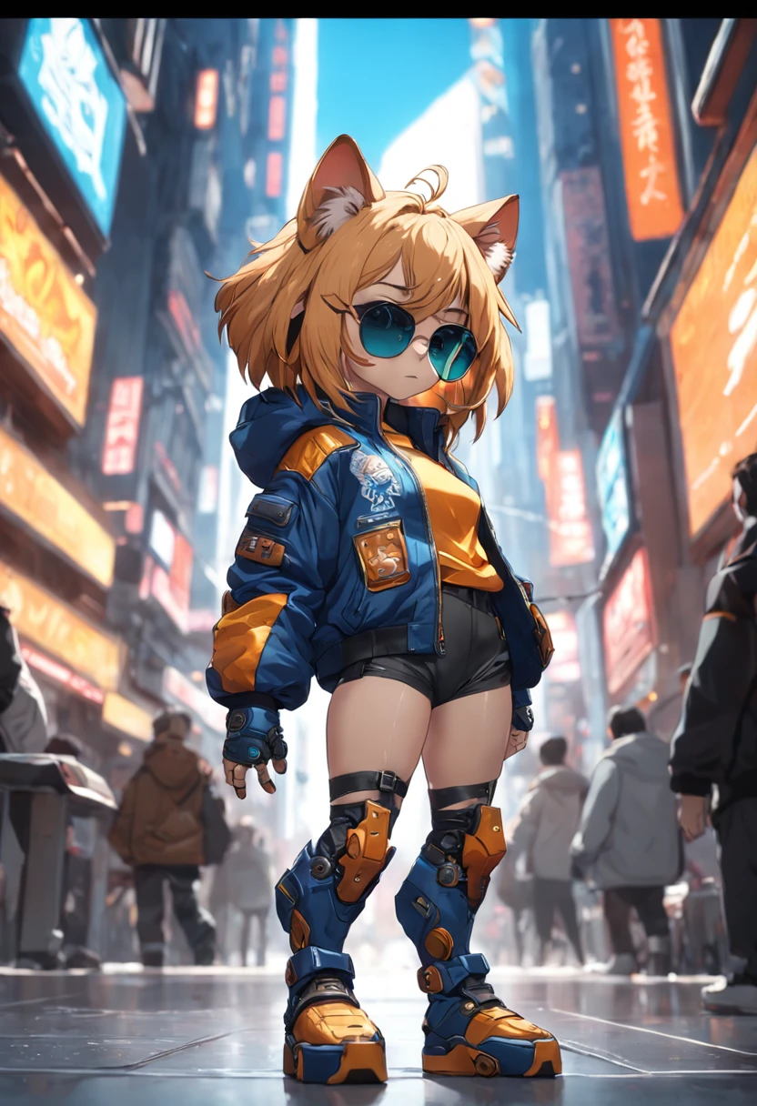 in full growth mini cute cub lion cyberpunk + jacket, nano-sunglasses, nano-devices, cybernetic prosthetic paw, boombox, isometric view, cinematic, hyperrealistic, backlighting, rendered in unreal, 8K