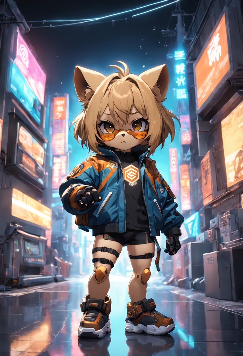 in full growth mini cute cub lion cyberpunk + jacket, nano-sunglasses, nano-devices, cybernetic prosthetic paw, boombox, isometric view, cinematic, hyperrealistic, backlighting, rendered in unreal, 8K