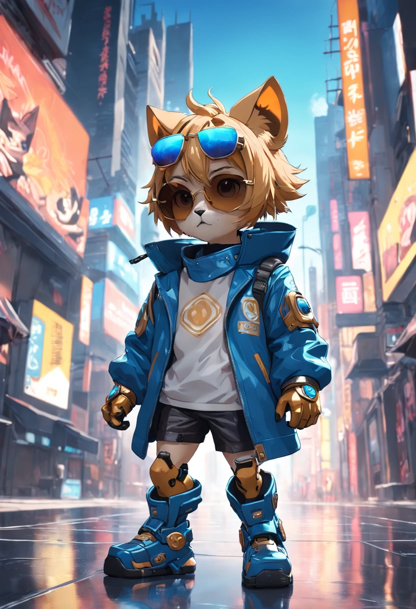 in full growth mini cute cub lion cyberpunk + jacket, nano-sunglasses, nano-devices, cybernetic prosthetic paw, boombox, isometric view, cinematic, hyperrealistic, backlighting, rendered in unreal, 8K