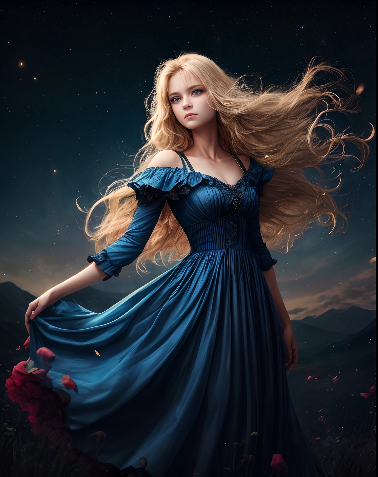 (best quality, masterpiece), young woman, pose, particle, wind, flower, upper body, night eclipse background, looking at viewer, long straight windblown blonde hair, detailded blue eyes, medieval princess blue dress, galaxy, backlit, rimlight, beautiful artwork, perfect composition