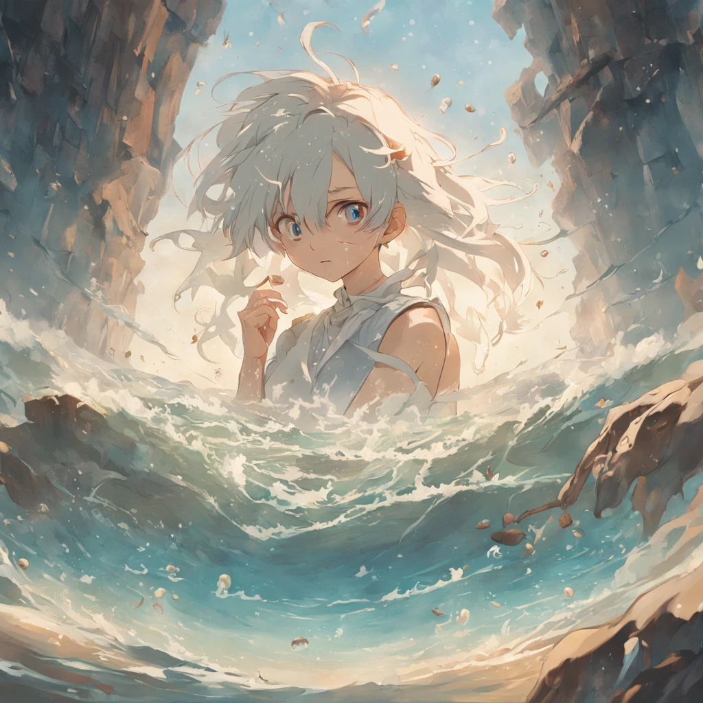 (White background:1.4),(We leaned against the beach),In the daytime,The sea in the distance ends at the end of the world,There is a pot of chestnuts in front of him,The inside is filled with clear water,( reasonable design, Clear lines,,Best quality, Very detailed, Masterpiece, movie light effect, 4K )