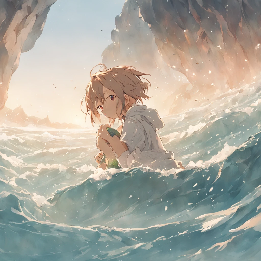 (White background:1.4),(We leaned against the beach)，In the daytime，The sea in the distance ends at the end of the world，There is a pot of chestnuts in front of him，The inside is filled with clear water,( reasonable design, Clear lines,,Best quality, Very detailed, Masterpiece, movie light effect, 4K )