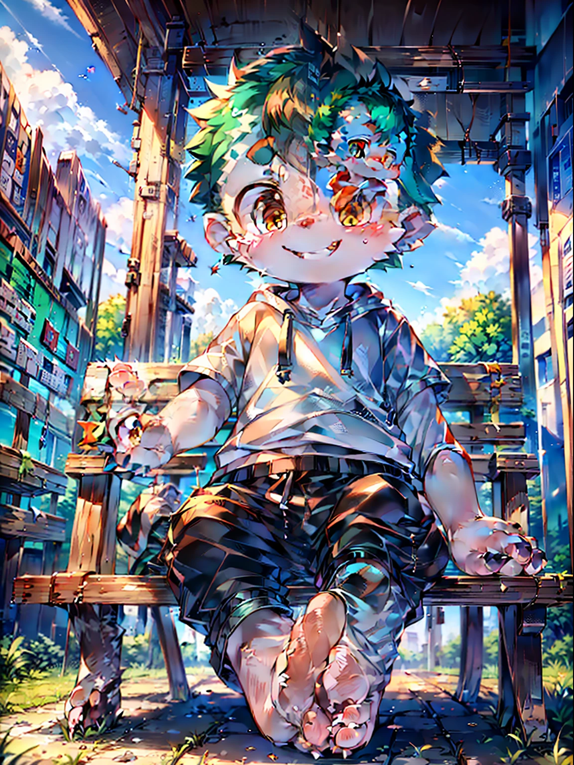 Masterpiece, Chubby boy,Green hair and shiny orange eyes,wearing a hoody, Sitting on a park bench,Wear oversized sweatpants to expose your feet, Young, Boy, chillers, (track pan:1.4), Boy:1.5), (Shota:1.6), (Young:1.4), (Male:1.6), (Smiling:1.4), (Foot:1.6), (Shy:1.4), (Blushing:1.0), (Shorthair:1.7)