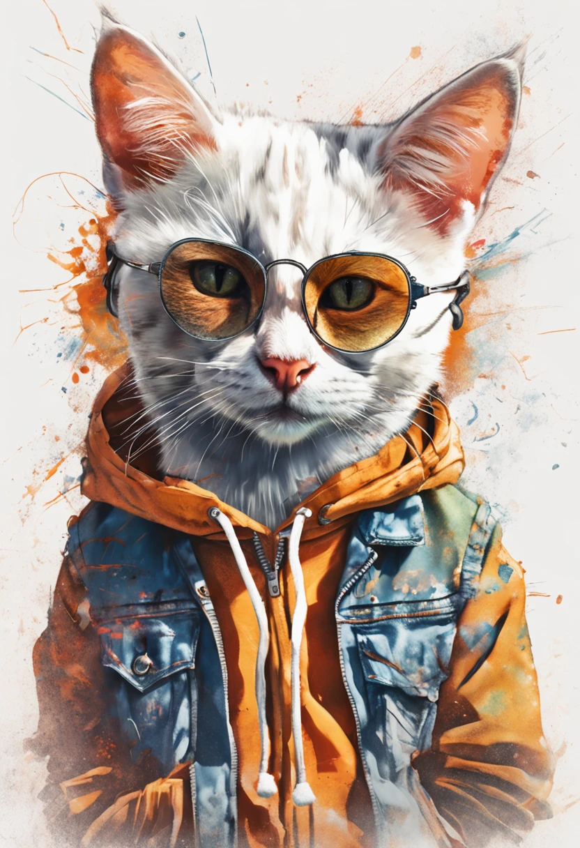 Perfect centering, a cute little cat, Wear a student team jacket, Wearing sunglasses, Wearing headphones, cheerfulness, Standing position, Abstract beauty, Centered, Looking at the camera, Facing the camera, nearing perfection, Dynamic, Highly detailed, smooth, Sharp focus, 8K, high definition resolution, illustration, Art by Carne Griffiths and Wadim Kashin, White background