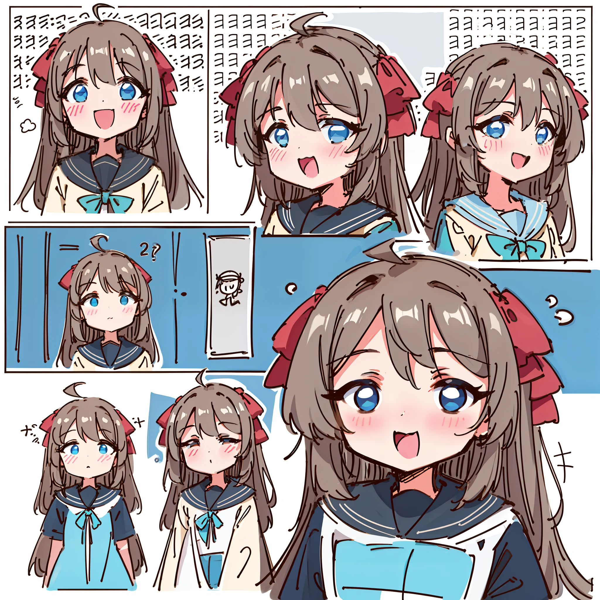 A cute girl,Various expressions,having fun,grieves,irate,expectant laughter,despondency,adorable eyes,white backgrounid,illustration-nii 5-style cute,emoji as illustration set, with boold manga line style, dynamic pose dark white, , f/64 groups, related characters, Old Meme Kernel