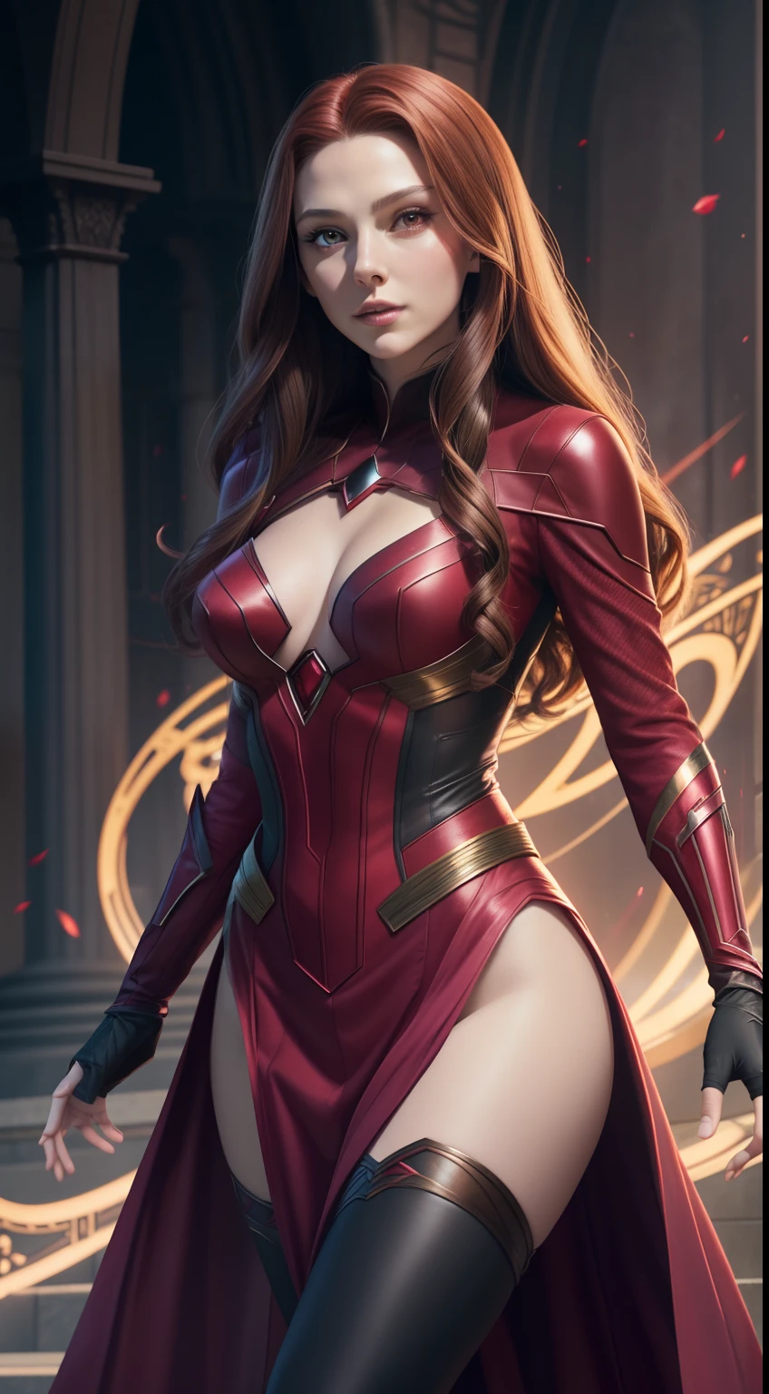 Subject: A photorealistic portrayal of Scarlet Witch in her enchanting attire, standing gracefully with an air of mystique.
Type of Image: Photorealistic digital artwork capturing Scarlet Witch's mystical aura and captivating presence.
Art Styles: Photorealism, showcasing intricate details of Scarlet Witch's costume, intricate accessories, and her captivating expression.
Camera: Shot with a medium lens to provide a balanced view of Scarlet Witch's figure and expression.
Shot: Full-body shot, highlighting Scarlet Witch's elegant posture and captivating gaze.
Render Related Information: High-resolution render (4K) with meticulous attention to detail in Scarlet Witch's attire, accessories, and facial features.