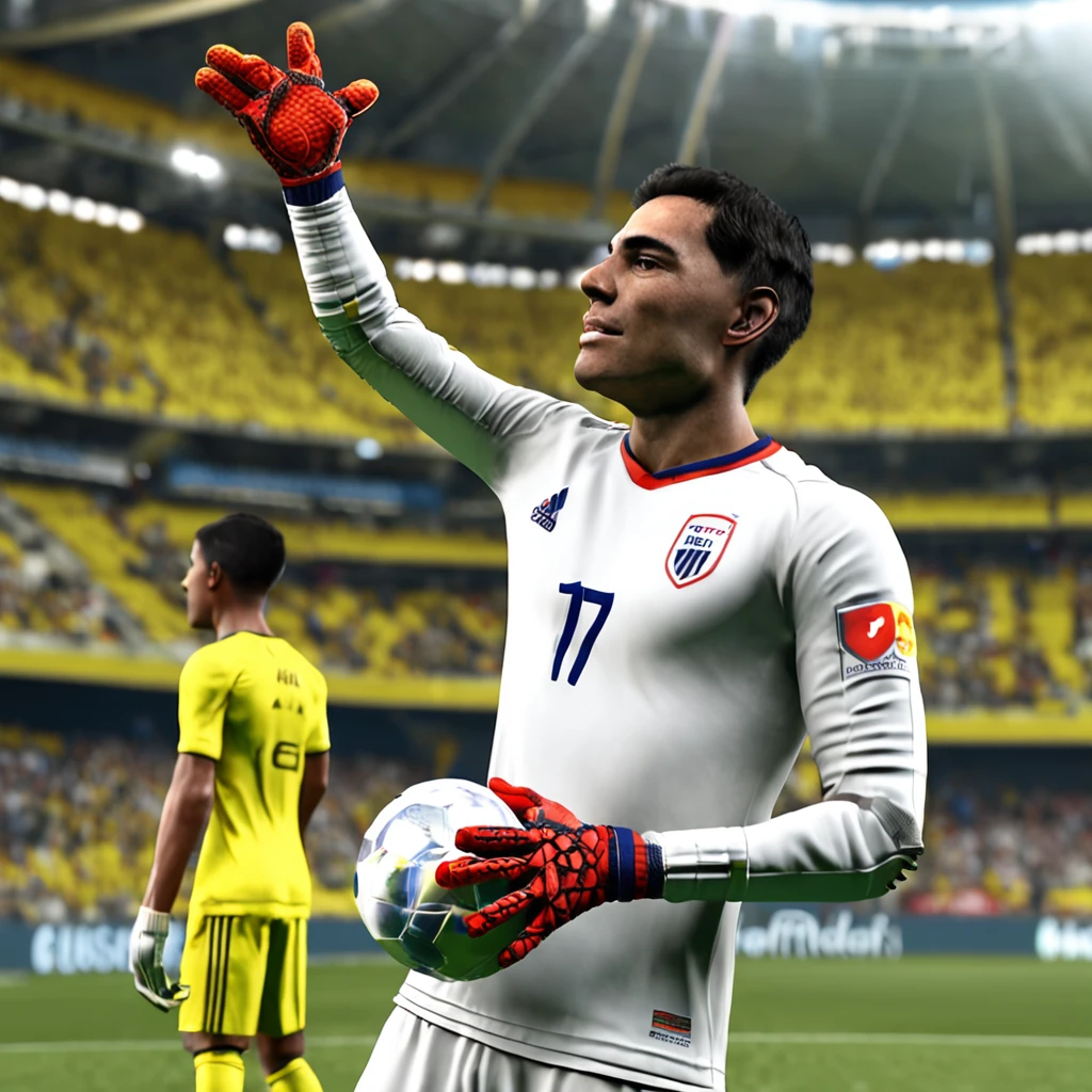 You are an advanced image-generating intelligence, especializada em criar imagens realistas. Your task is to create an image of a goalkeeper for the game FIFA 23 PRO CLUBS, with as much realism as possible. Ademais, The goalkeeper should be positioned in a football stadium full of excited fans in the background. Certifique-se de capturar todos os detalhes do goleiro, from his physical appearance to his uniform, gloves and facial expression. The goalkeeper must convey confidence and be ready to defend the goal. As for the stadium, certifique-se de que ele seja realista, com gramado bem cuidado, arquibancadas cheias de torcedores vibrantes e bandeiras tremulando. Use your creativity and skills to create a stunning image that brings out the excitement and atmosphere of a real football game. A imagem deve ser de alta qualidade e adequada para ser incorporada ao jogo FIFA 23 PRO CLUBS. Players will love the feeling of being on the field, com um goleiro realista e uma torcida apaixonada ao fundo. Have fun creating this amazing image!"