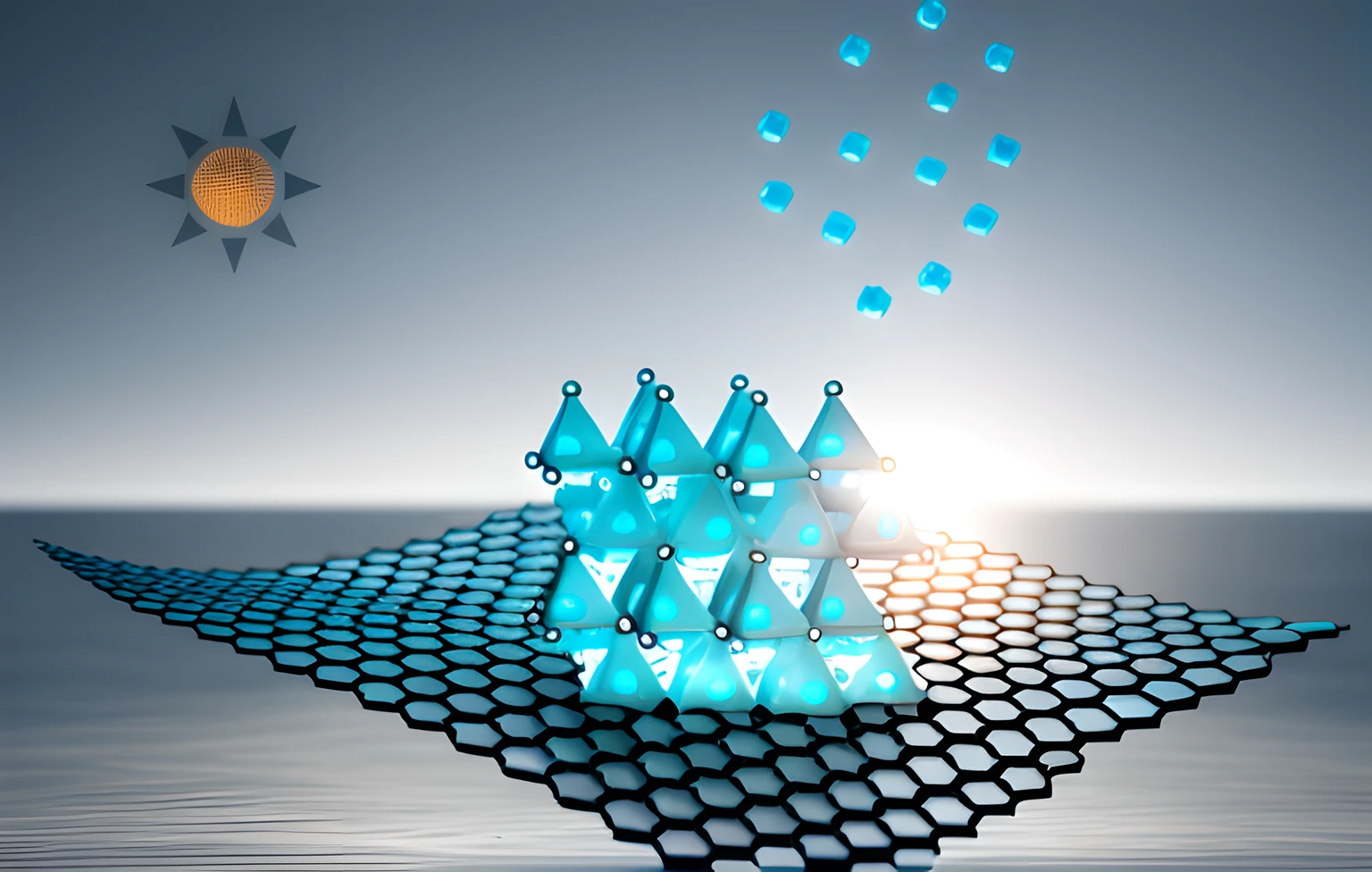 Close-up of a structural model with a sun and water in the background, molecular, modular graphene, Hexagons in front of the sun, Hexagons block sunlight, nanomaterials, graphene, holographic krypton ion, an illustration of, rendering, Made of nanomaterials, soft opalescent membranes, floating molecules