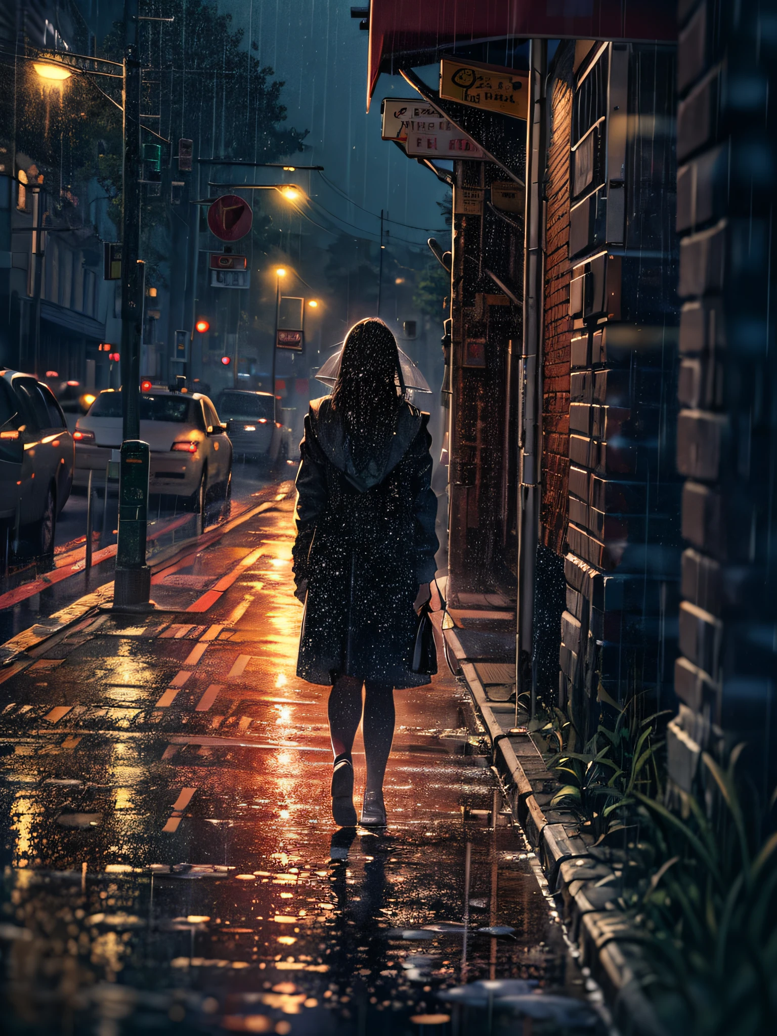 A heartbroken woman walks down the sidewalk in the night rain. Headlights illuminating the dark roadway shine on her, casting a large shadow on the wall of a building. (Best quality), (masterpiece:1.3), ultra-detailed, sharp shadows, great detail, depth of field, super detailed background, out-of-focus look