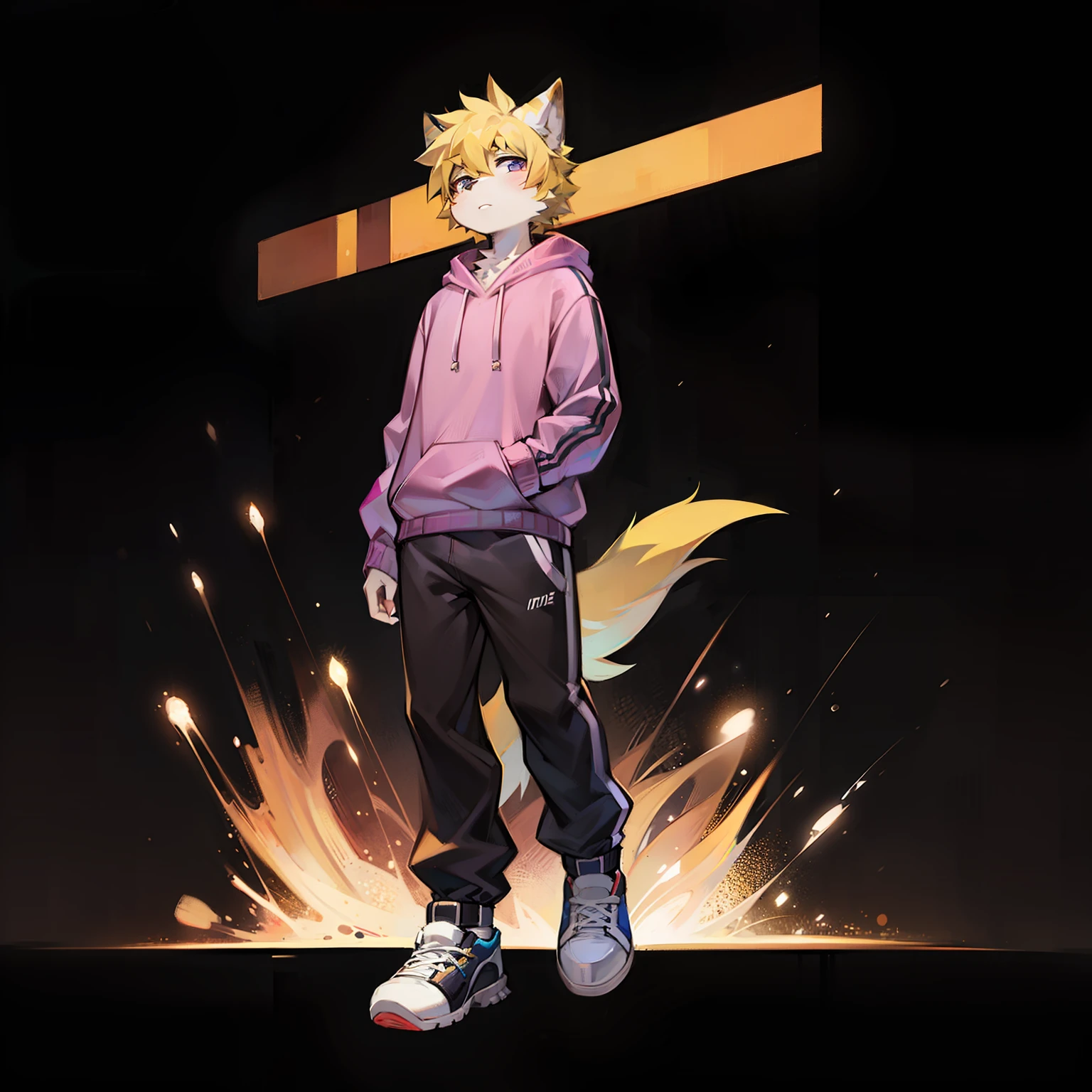 Anime furry,Yellow hair,Wearing a purple sweatshirt,2D anime style with black sneakers and white sneakers, Single character full body, 2 d style, full body adoptable, full body single character, 2d anime, full body portrait of a short!, fursona wearing stylish clothes, full body character, anime style character, Anime boy