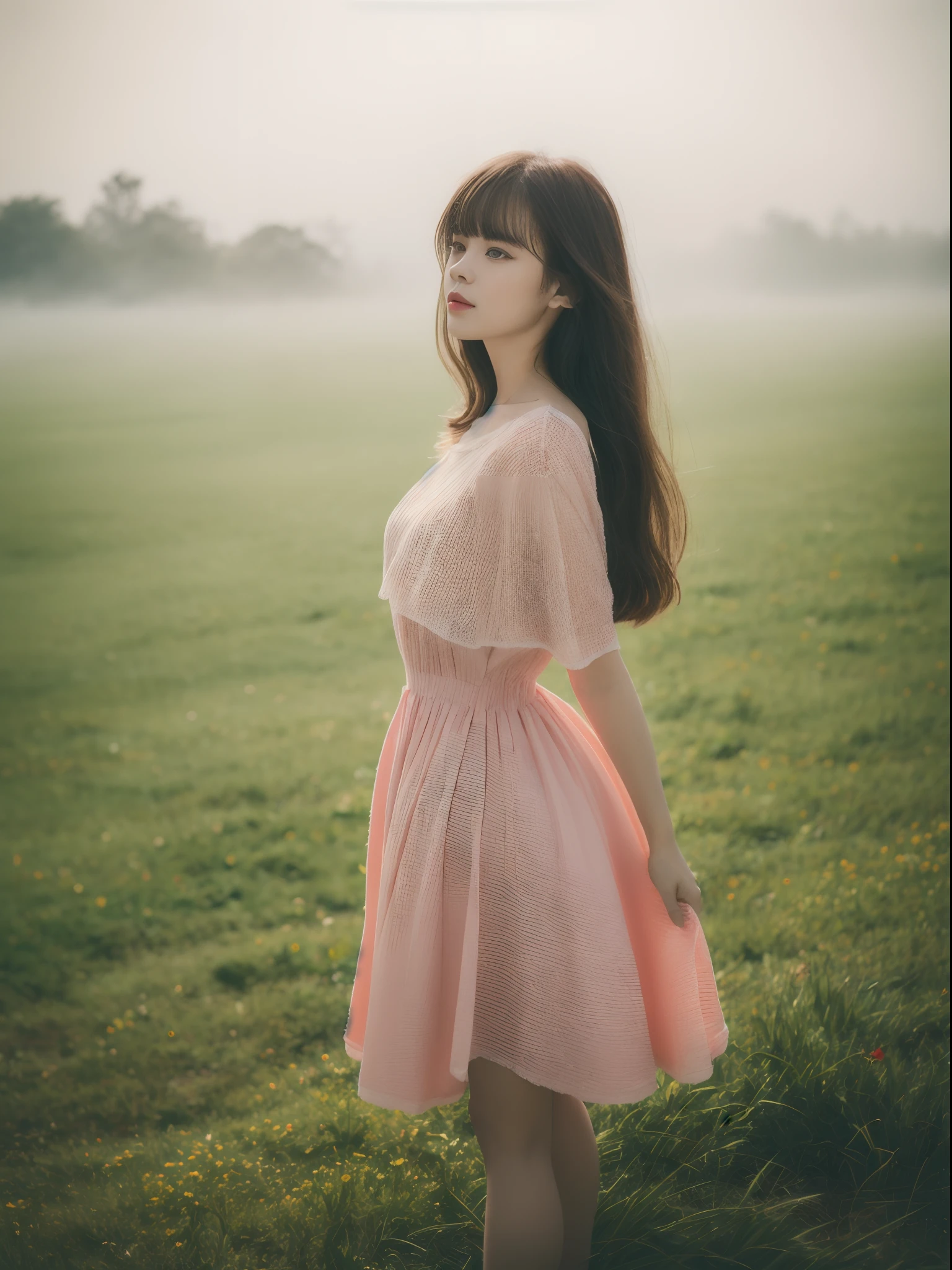 Full body shot, From Side, (8K, Raw photography, top-quality, masuter piece:1.2), ultra-detailliert, ultra res, (realisitic, rialistic photo:1.37), (14 years old girl, Bangs, detailed dress, pumps, Pose showing clothes), semi long hair, (Morning fog:1.5), Morning sun shining, In the forest surrounded by many flowers and grass, musgo, Very beautiful scenery, Retro portrait