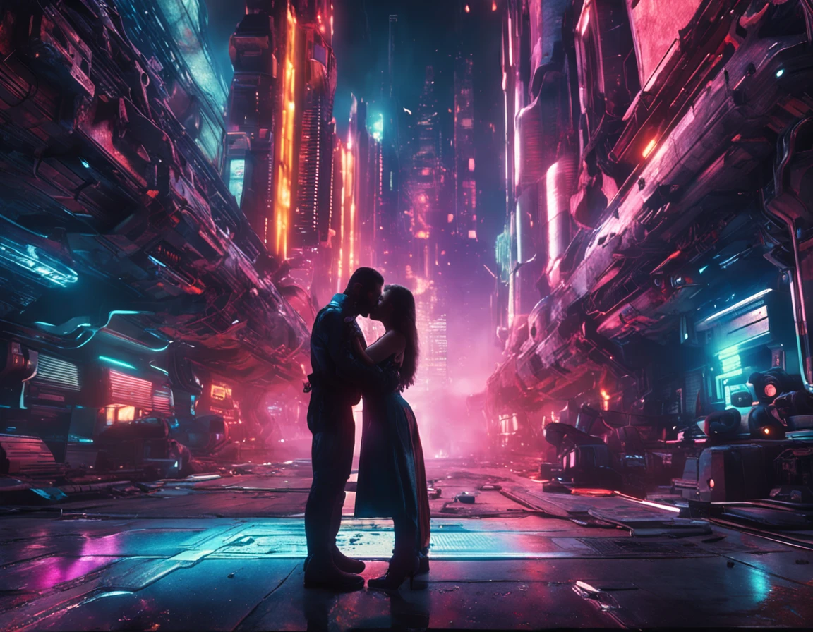 Husband and wife hugging together,kiss, Cyberpunk costumes,jewelry,Gorgeous space opera background