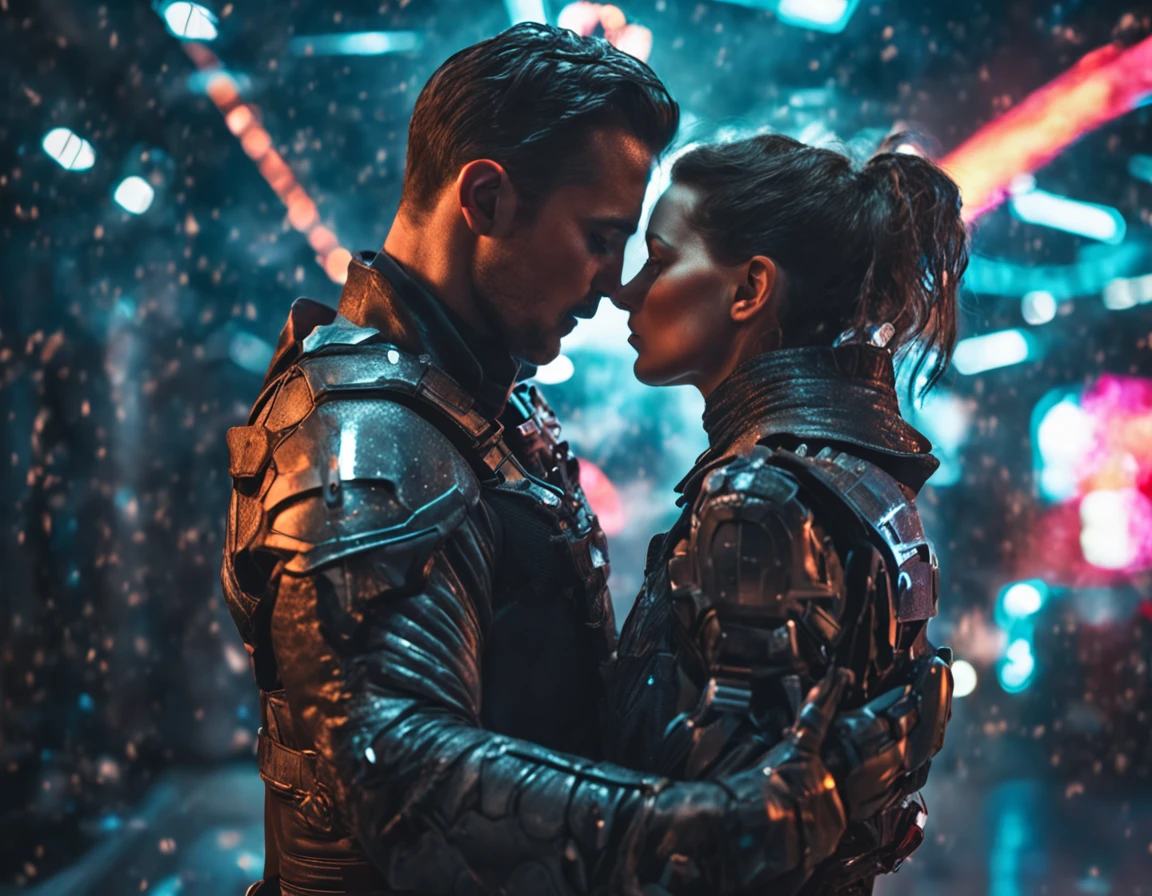 Husband and wife hugging together,kiss, Cyberpunk costumes,jewelry,Gorgeous space opera background