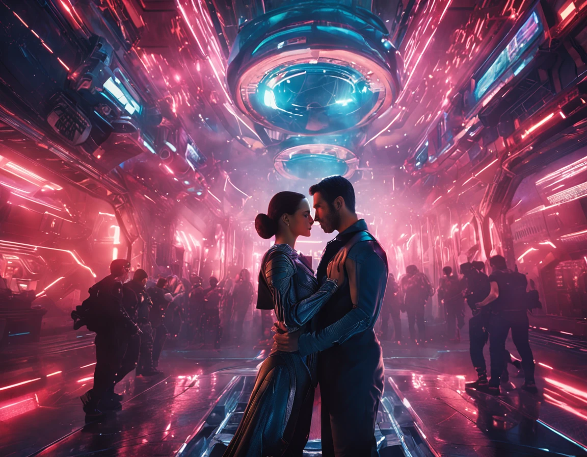 Husband and wife hugging together,kiss, Cyberpunk costumes,jewelry,Gorgeous space opera background