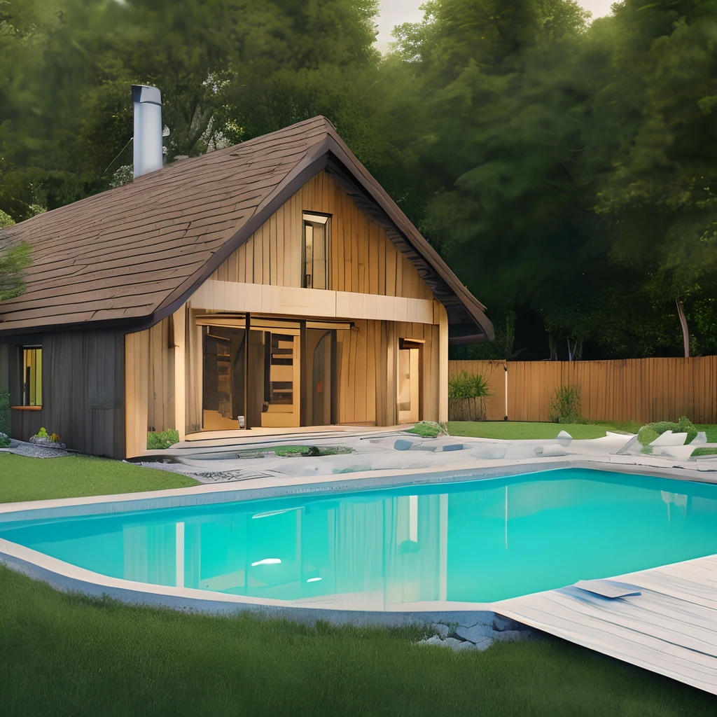 /Real rendering of a triangular wooden cottage with a pool view and surrounding trees, forest daylight, luxury